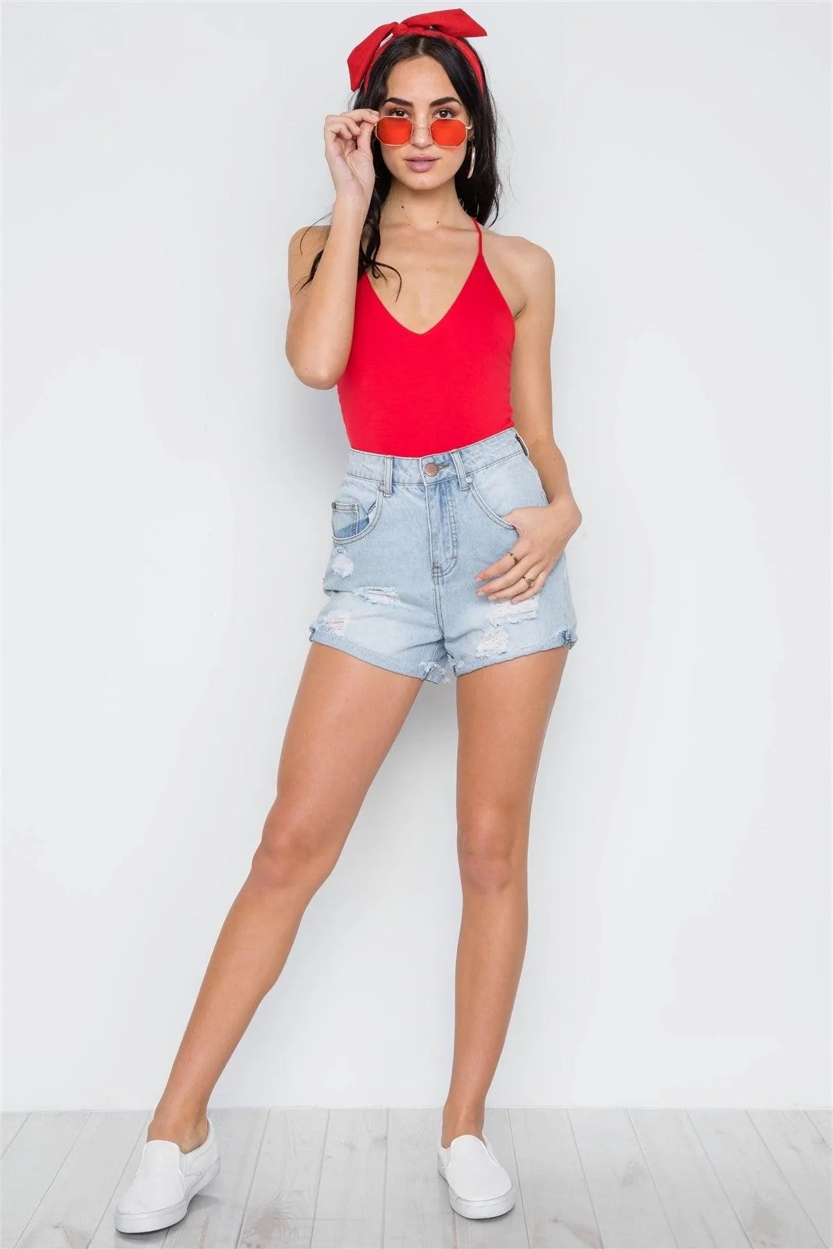 Red Cami Strappy V-Neck Solid Bodysuit /3-2-1 - Tasha Apparel Wholesale