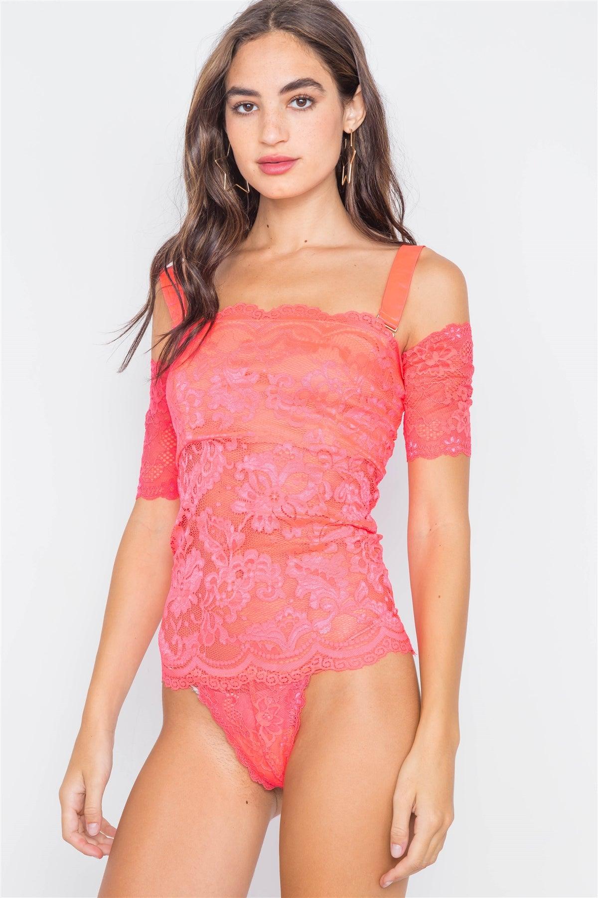 Neon Pink Cami Off-The-Shoulder Floral Lace Bodysuit
