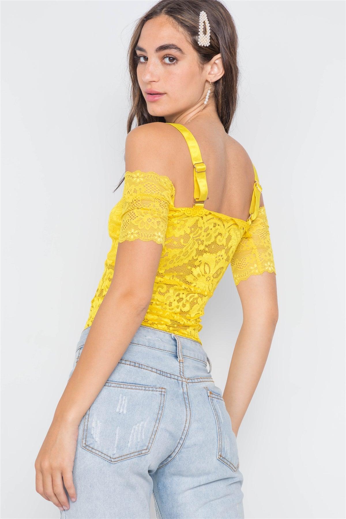 Neon Yellow Cami Off-The-Shoulder Floral Lace Bodysuit