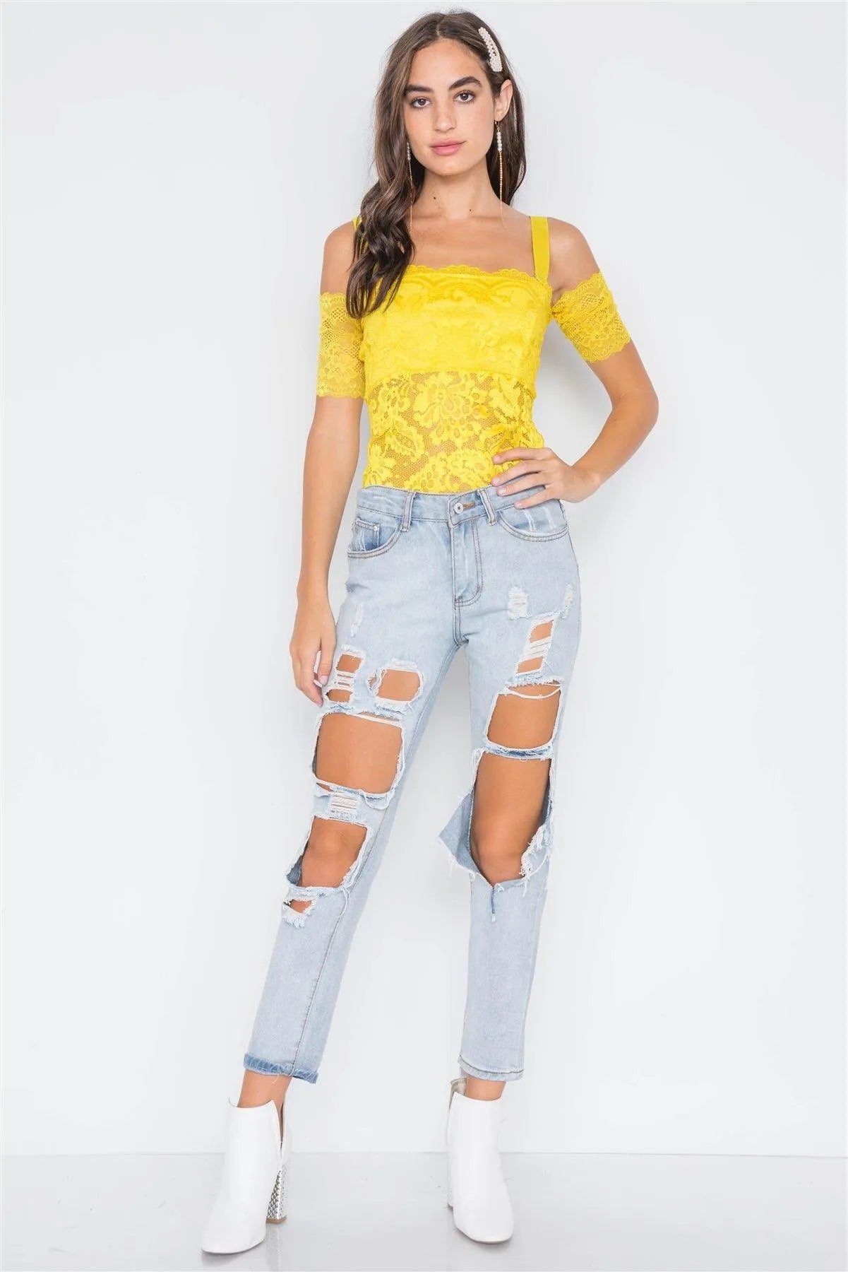 Yellow Cami Off-The-Shoulder Floral Lace Bodysuit - Tasha Apparel Wholesale