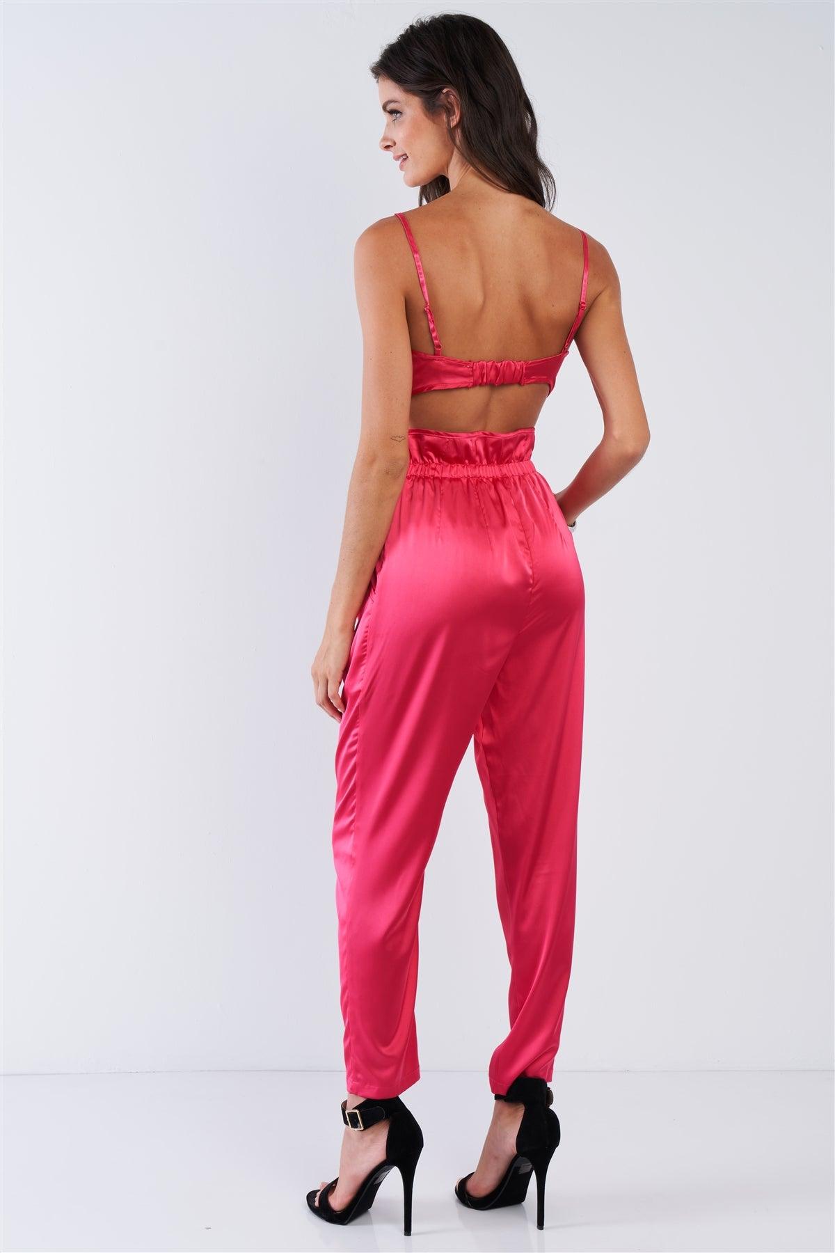 Fuchsia Pink Satin Buckle Hardware Crop Top High Waisted Tapered Pant Set