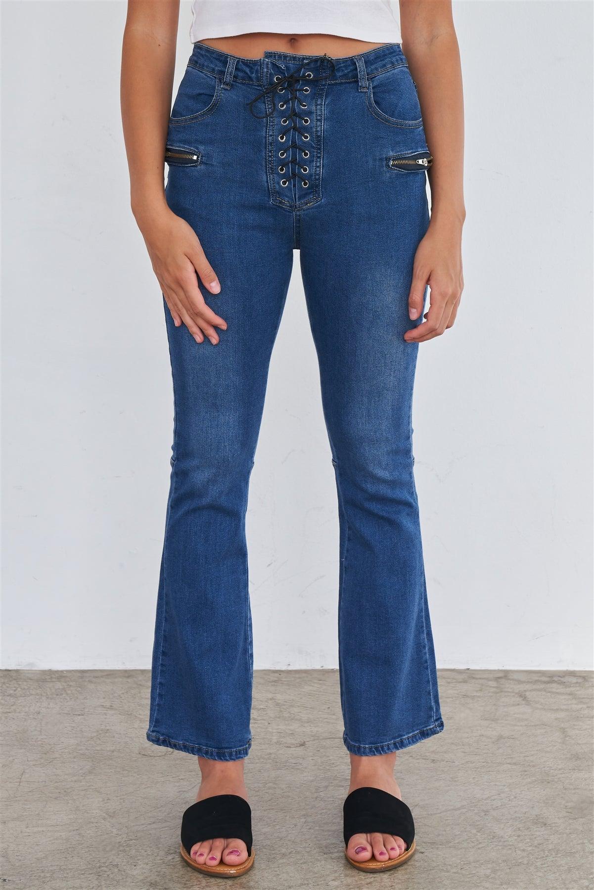 High Waisted Blue Denim Lace Up Fly Zipper Pocket Bell Bottom Jeans
