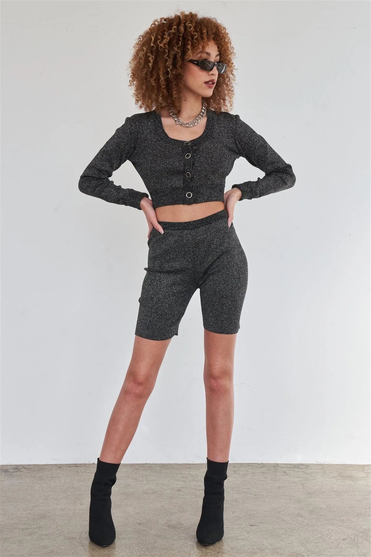 Sexy Sparkly Metallic Black Long Sleeve Crop Cardigan Sweater Biker Short Set /2-2-2 - Tasha Apparel Wholesale