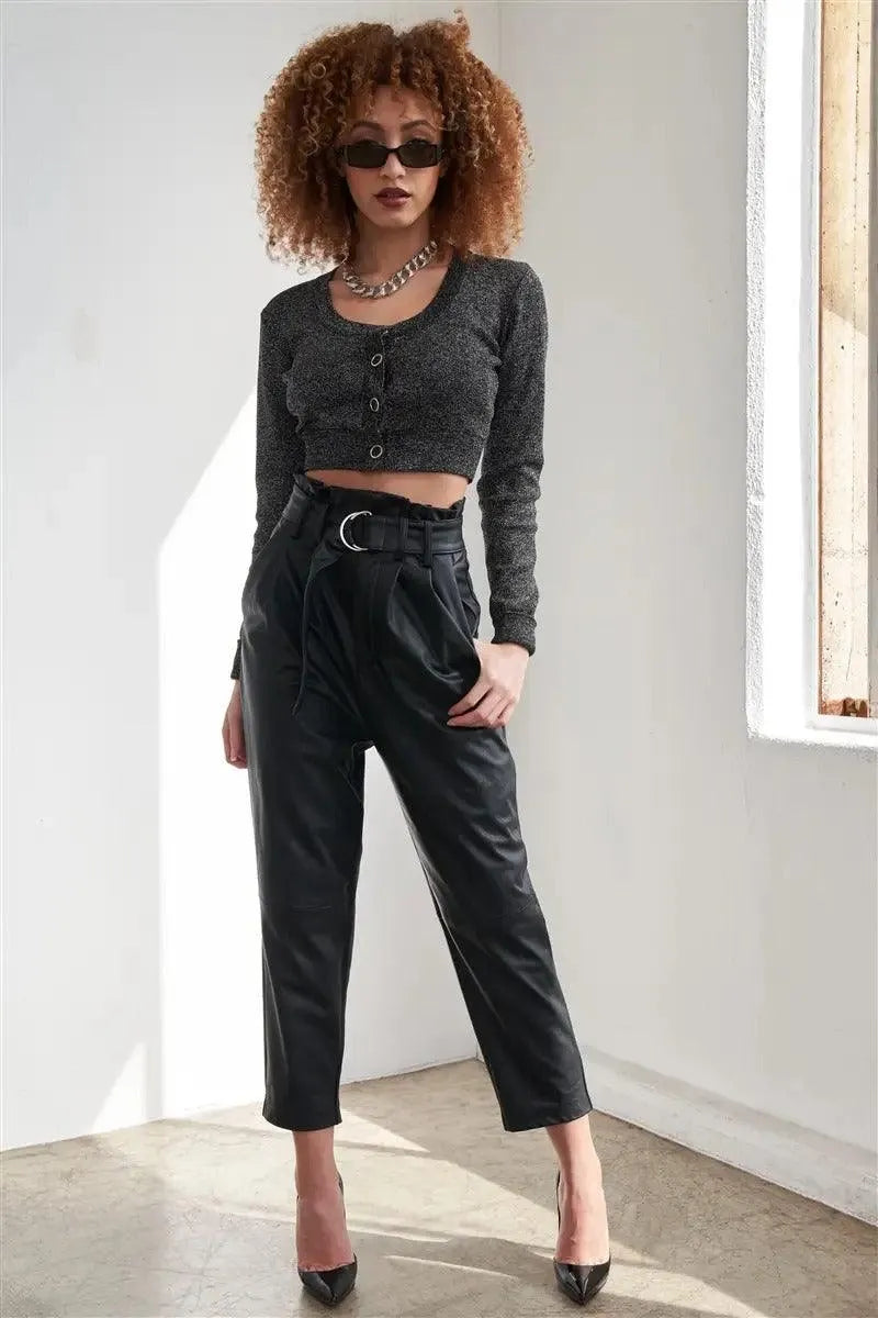 Sparkly Metallic Black Long Sleeve Crop Cardigan - Tasha Apparel Wholesale