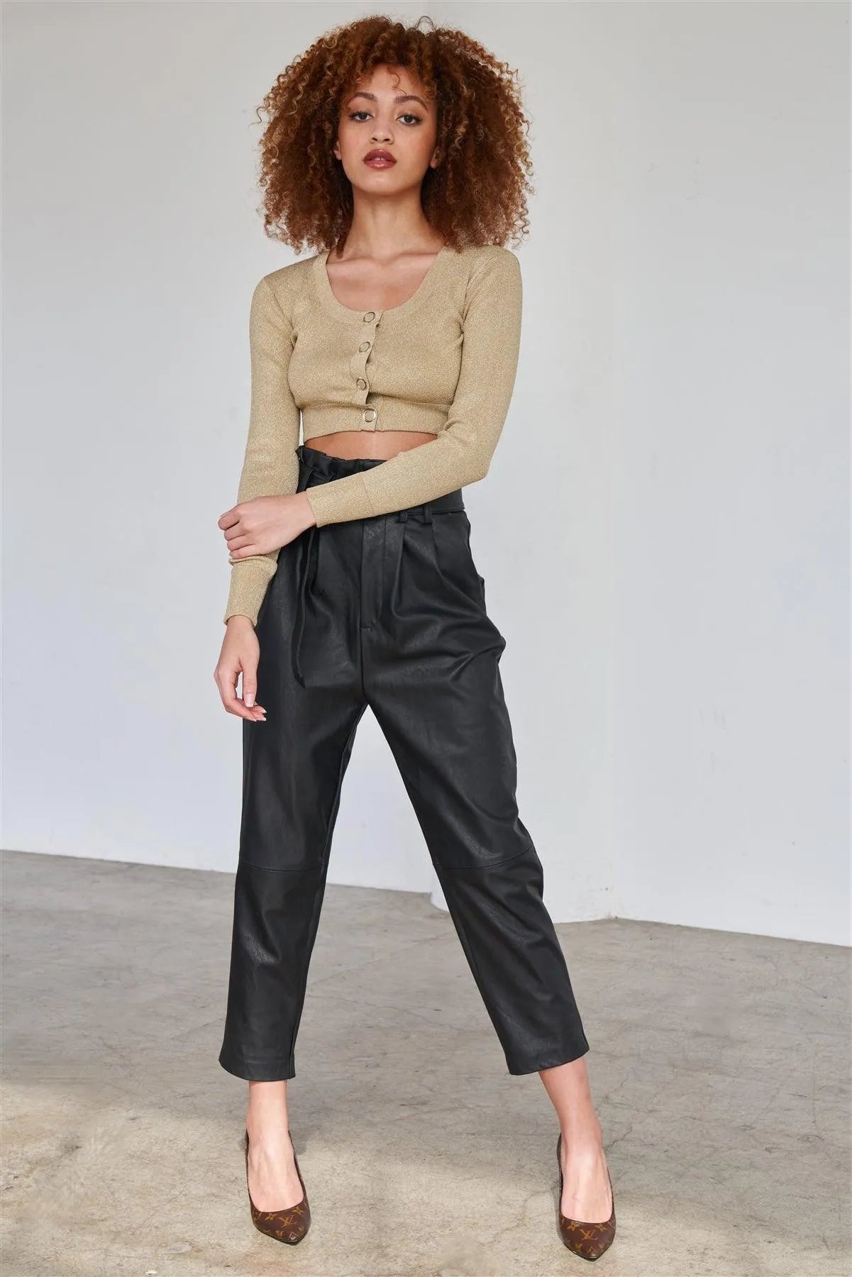 Sparkly Metallic Gold Long Sleeve Crop Cardigan Sweater Top /2-2-2 - Tasha Apparel Wholesale