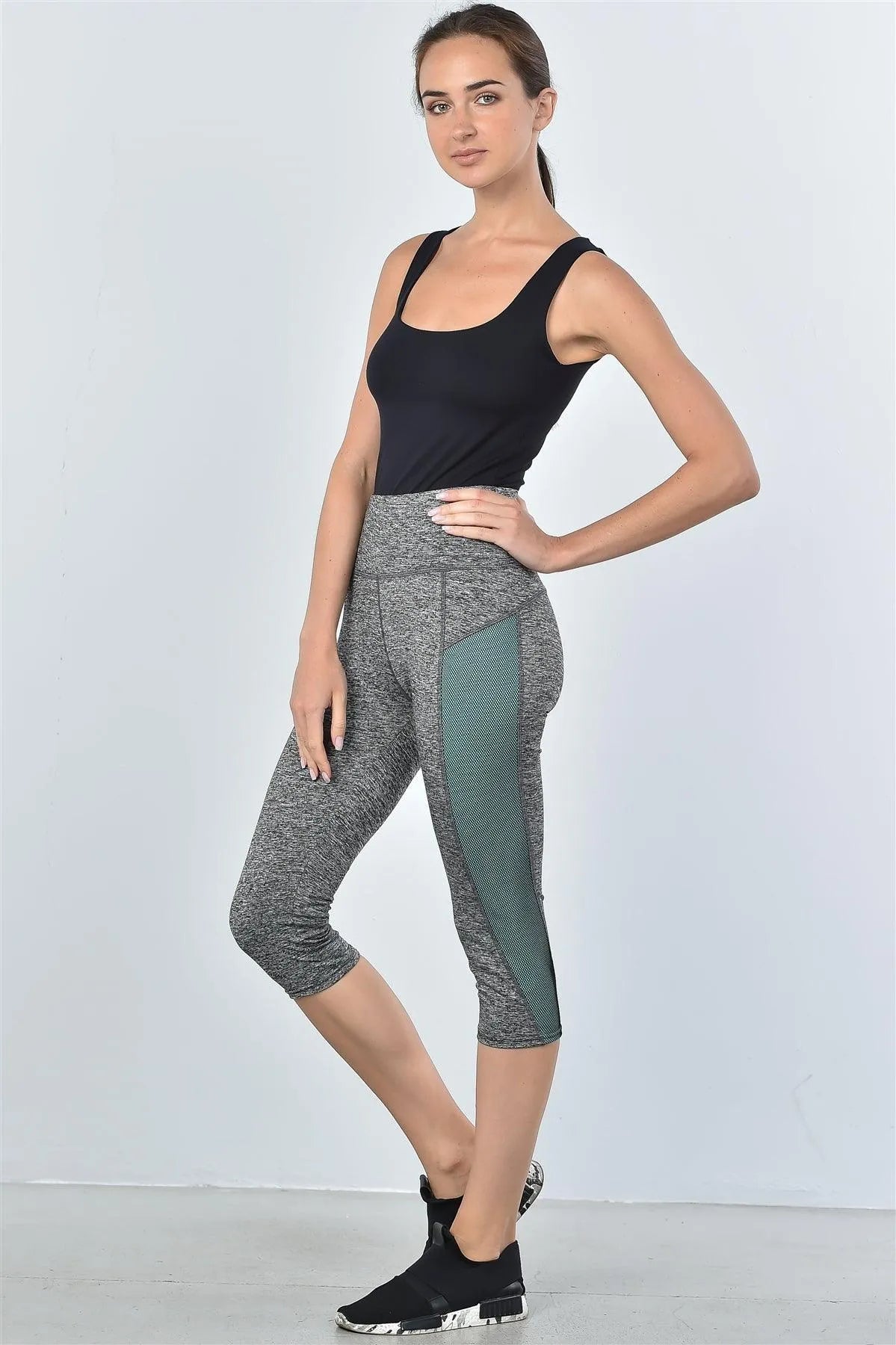 Grey And Aqua Color Block Mesh Insert Knee Length Leggings /2-4 - Tasha Apparel Wholesale