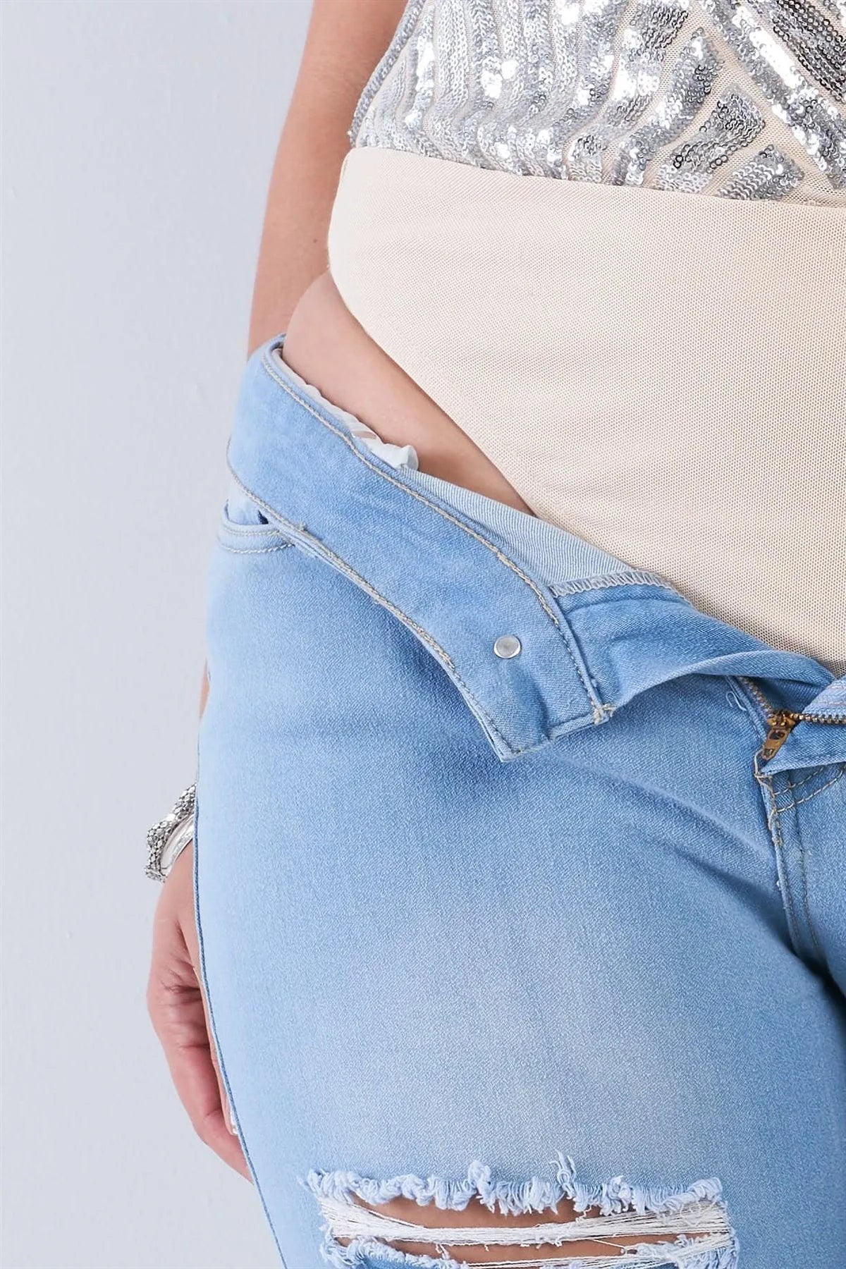 Junior Plus Size Nude Silver Sequin Strappy Bodysuit /2-1-1 - Tasha Apparel Wholesale