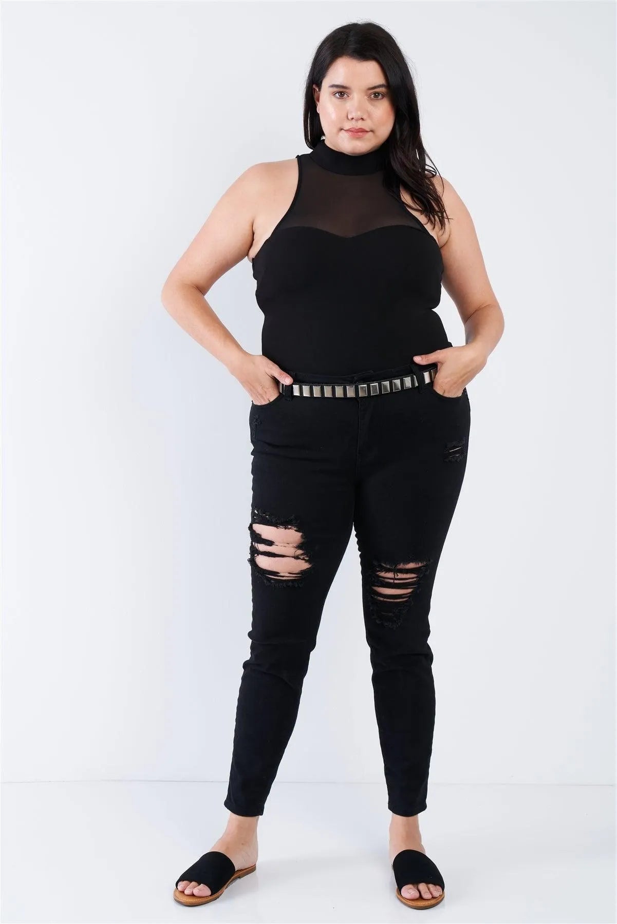 Junior Plus Size Black Mock Turtleneck Bodysuit /2-2-2 - Tasha Apparel Wholesale