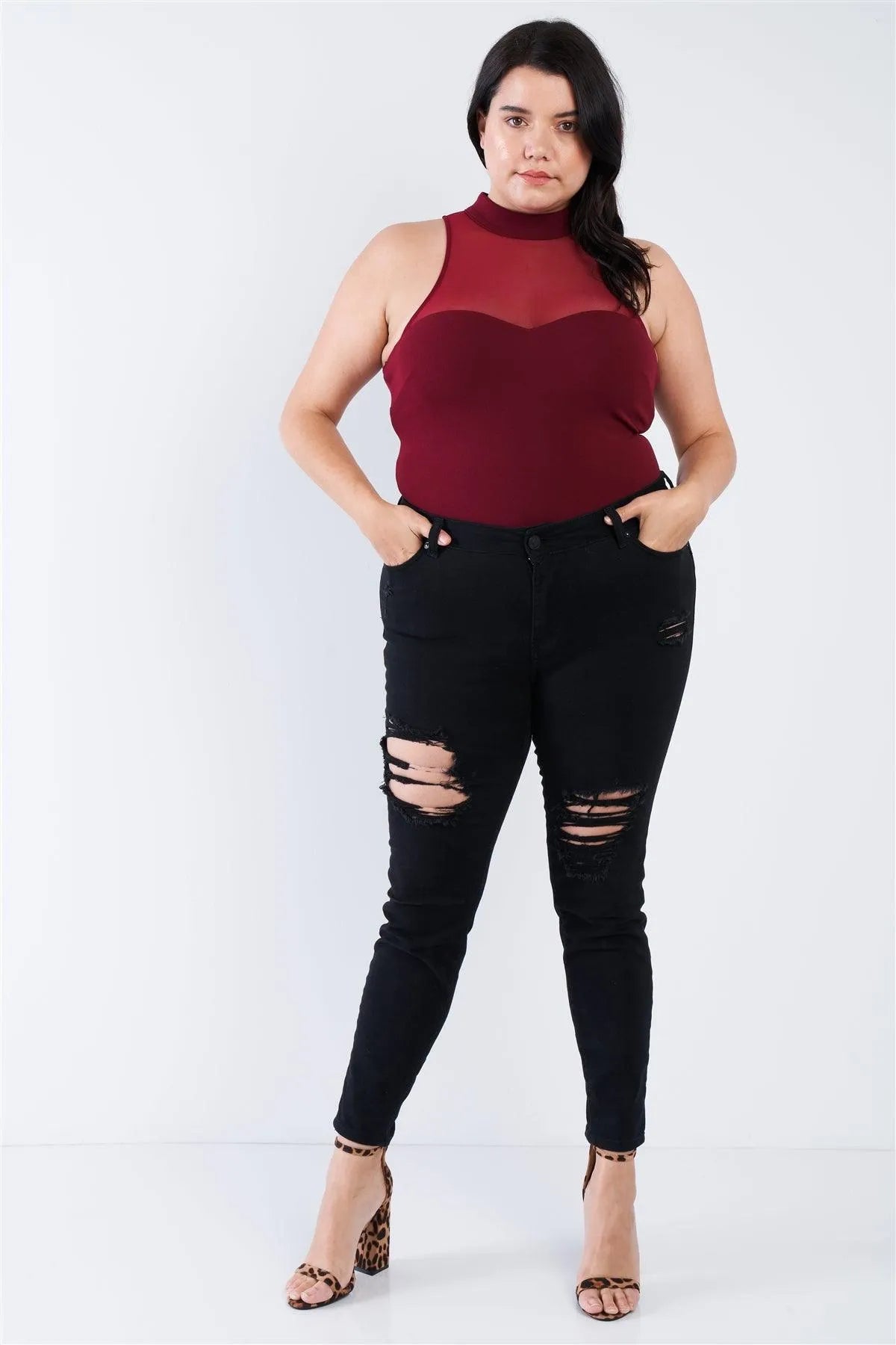 Junior Plus Size Burgundy Mock Turtleneck Bodysuit /2-2-2 - Tasha Apparel Wholesale