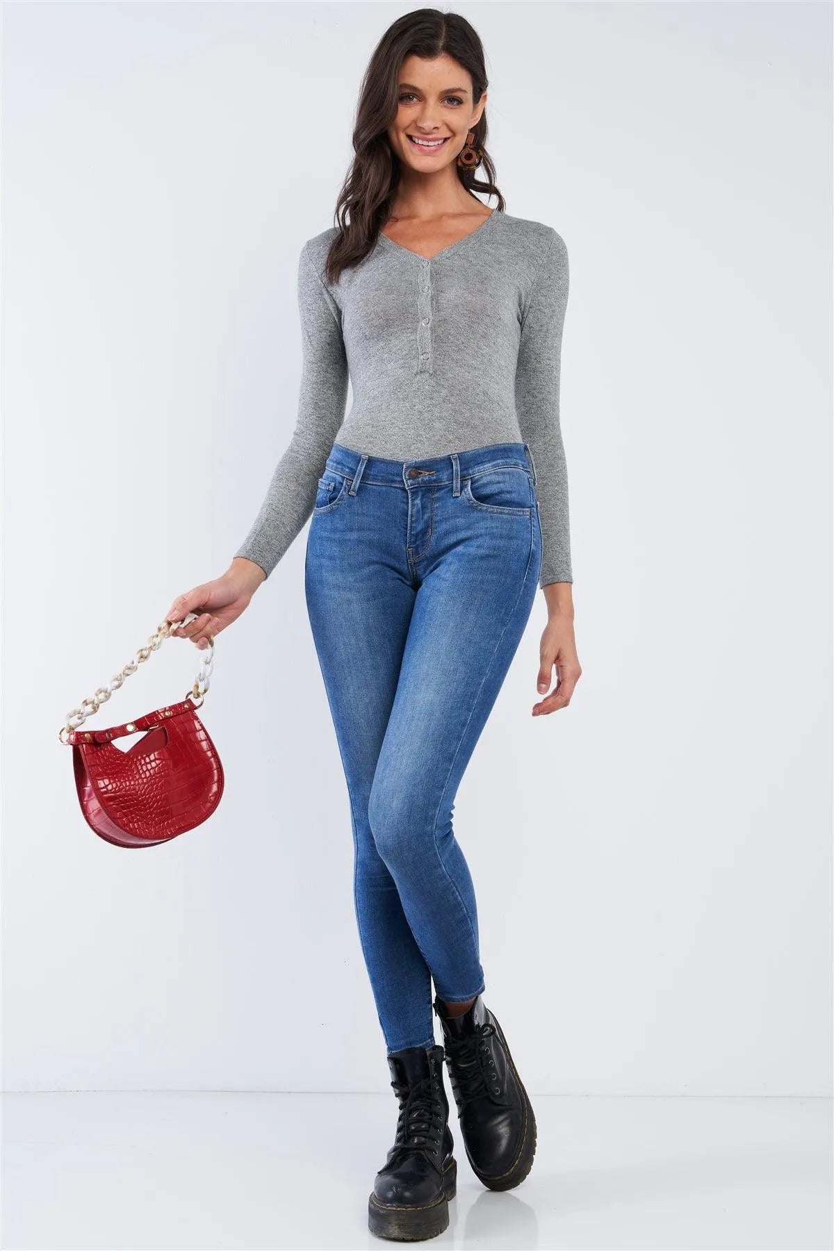 Solid Heather Grey Long Sleeve Ribbed Snap Button Down Hem V-Neck Bodysuit /3-3 - Tasha Apparel Wholesale