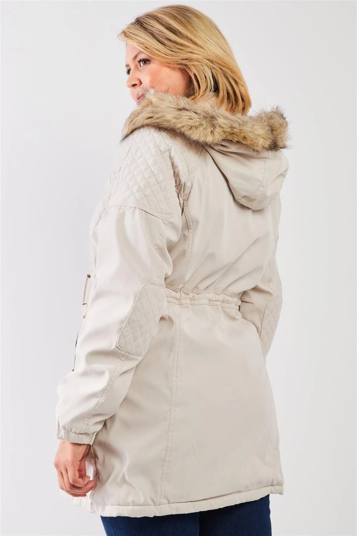Junior Plus Size Beige Quilted Detail Vegan Fur Cotton Twill Parka Jacket - Tasha Apparel Wholesale