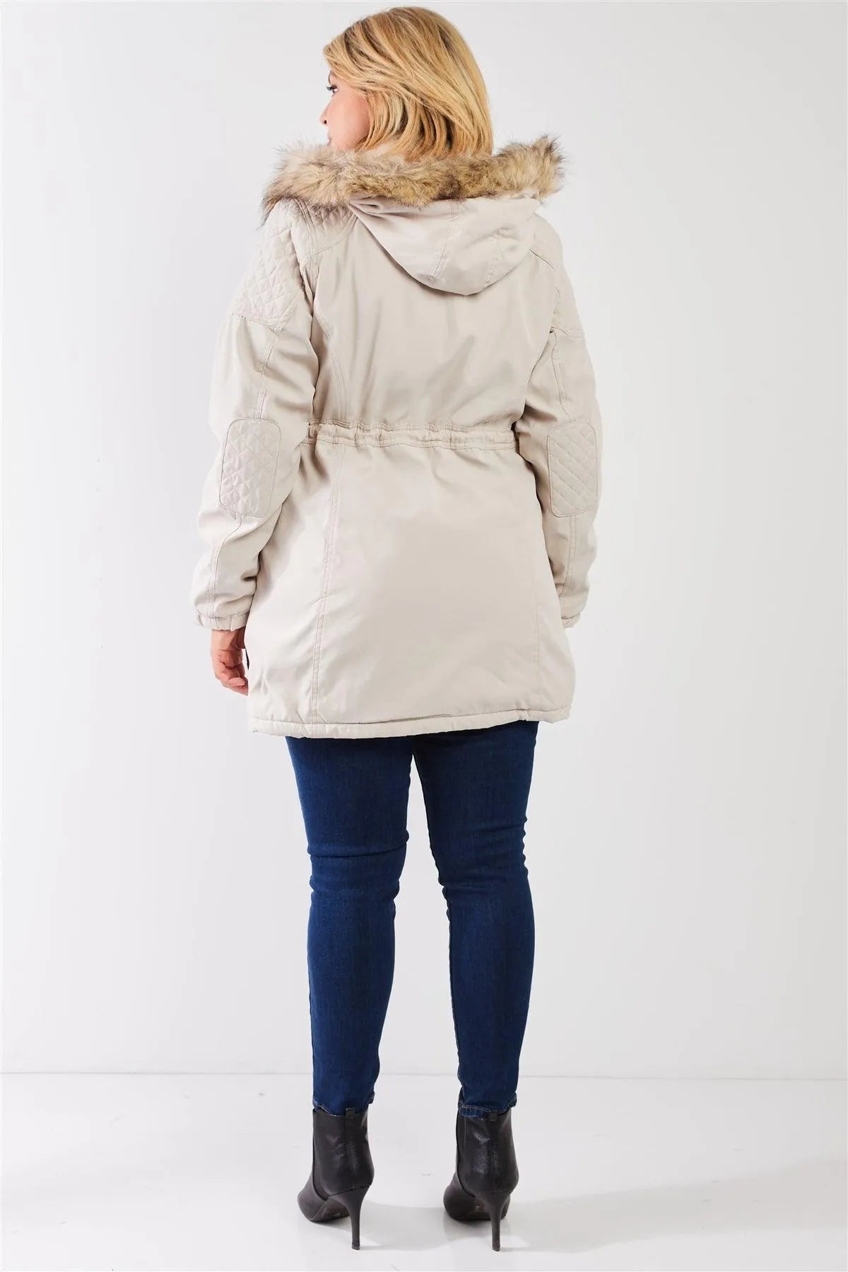 Junior Plus Size Beige Quilted Detail Vegan Fur Cotton Twill Parka Jacket /1-2-1-2 - Tasha Apparel Wholesale