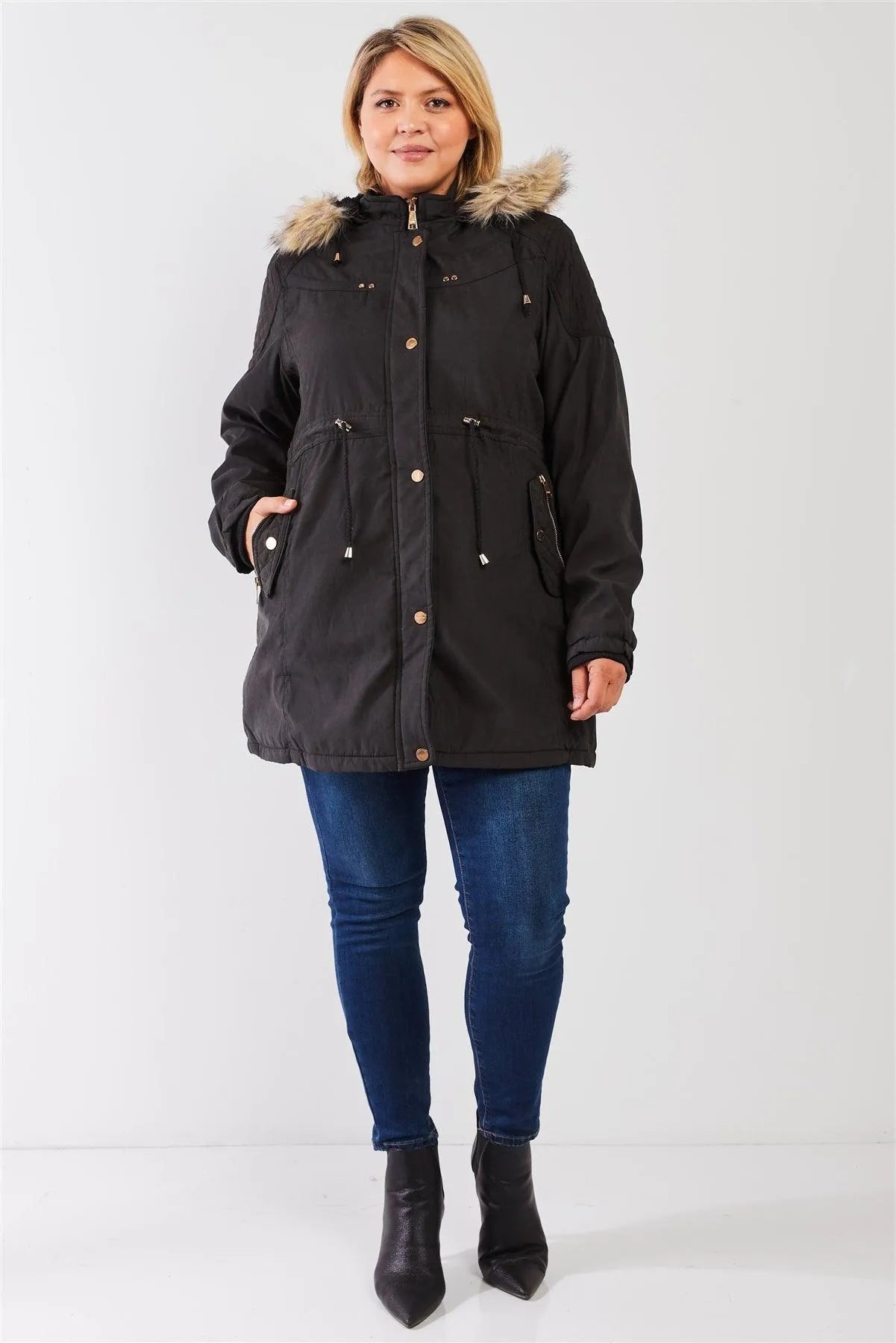 Junior Plus Size Charcoal Grey Quilted Detail Vegan Fur Cotton Twill Parka Jacket /3-2 - Tasha Apparel Wholesale
