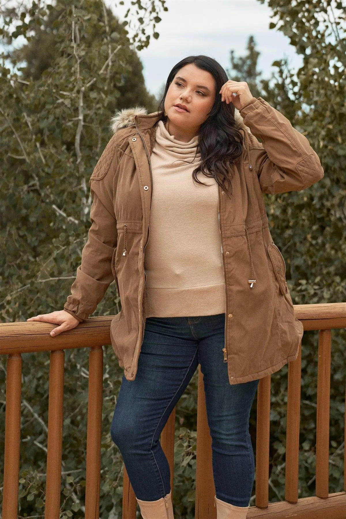 Junior Plus Size Brown Quilted Detail Vegan Fur Cotton Twill Parka Jacket /2-2 - Tasha Apparel Wholesale