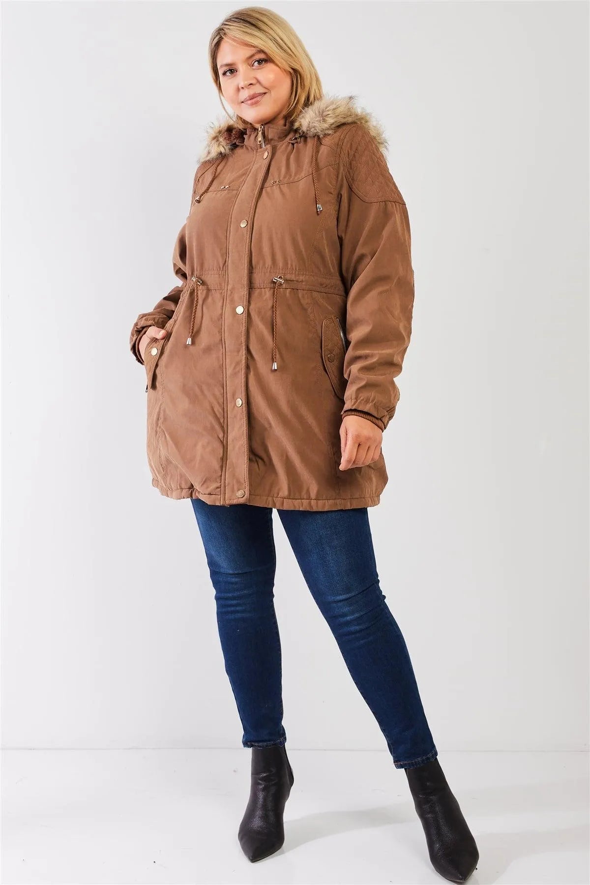 Junior Plus Size Brown Quilted Detail Vegan Fur Cotton Twill Parka Jacket /2-2-1-1 - Tasha Apparel Wholesale