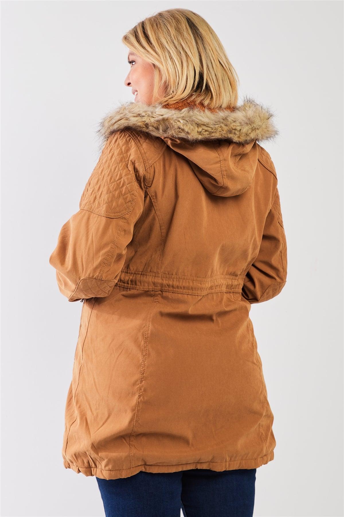 Junior Plus Size Camel Quilted Detail Vegan Fur Cotton Twill Parka Jacket