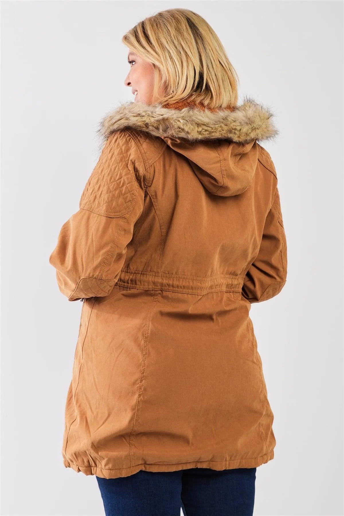 Junior Plus Size Camel Quilted Detail Vegan Fur Cotton Twill Parka Jacket - Tasha Apparel Wholesale