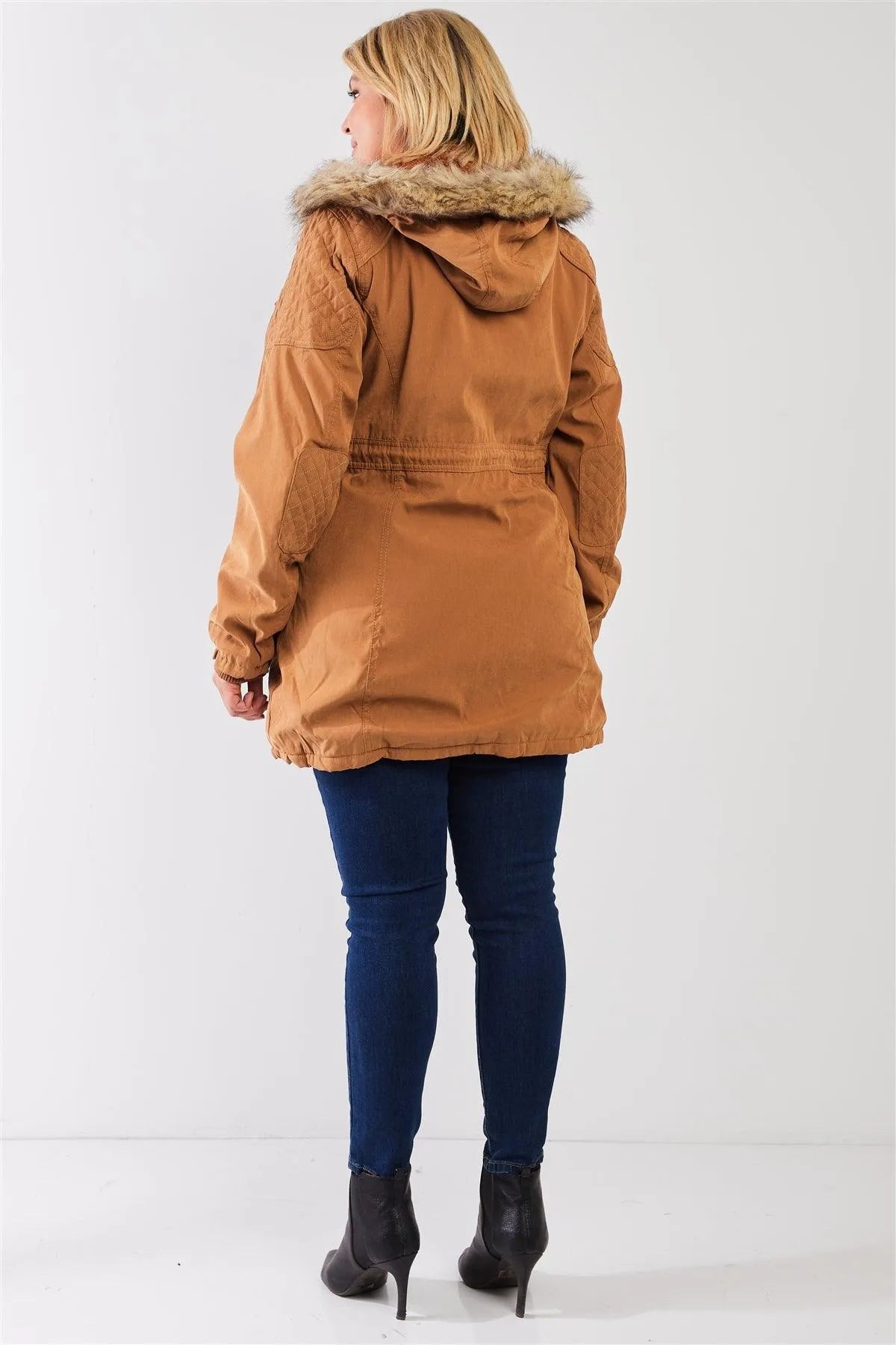 Junior Plus Size Camel Quilted Detail Vegan Fur Cotton Twill Parka Jacket /2-1-2 - Tasha Apparel Wholesale