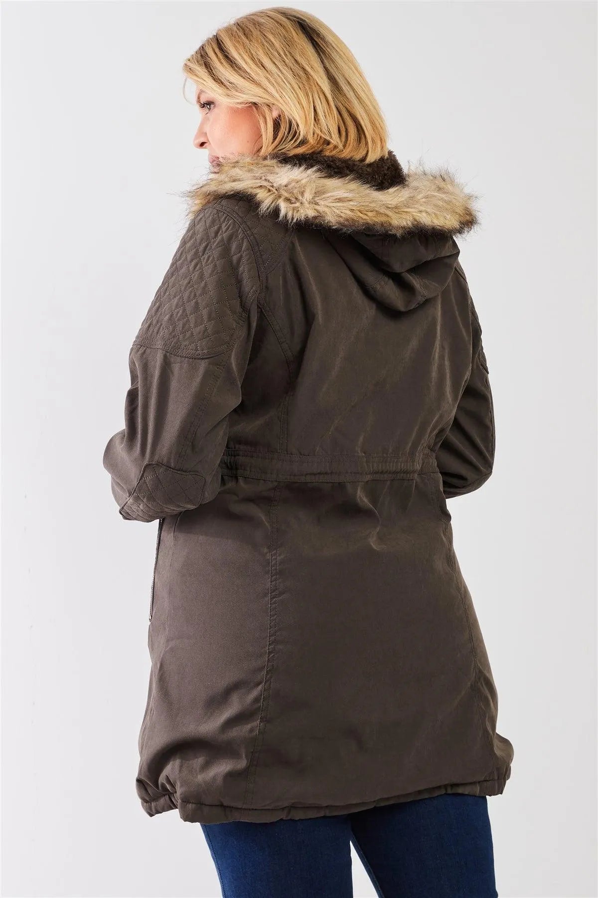 Junior Plus Size Olive Quilted Detail Vegan Fur Cotton Twill Parka Jacket /2-2-1-1 - Tasha Apparel Wholesale