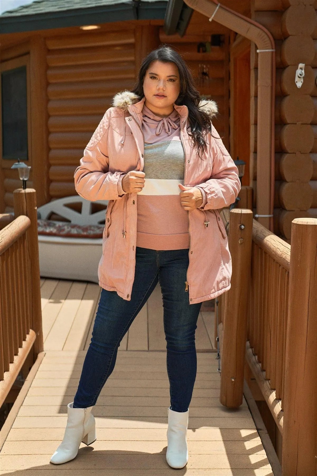Junior Plus Size Pink Quilted Detail Vegan Fur Cotton Twill Parka Jacket - Tasha Apparel Wholesale