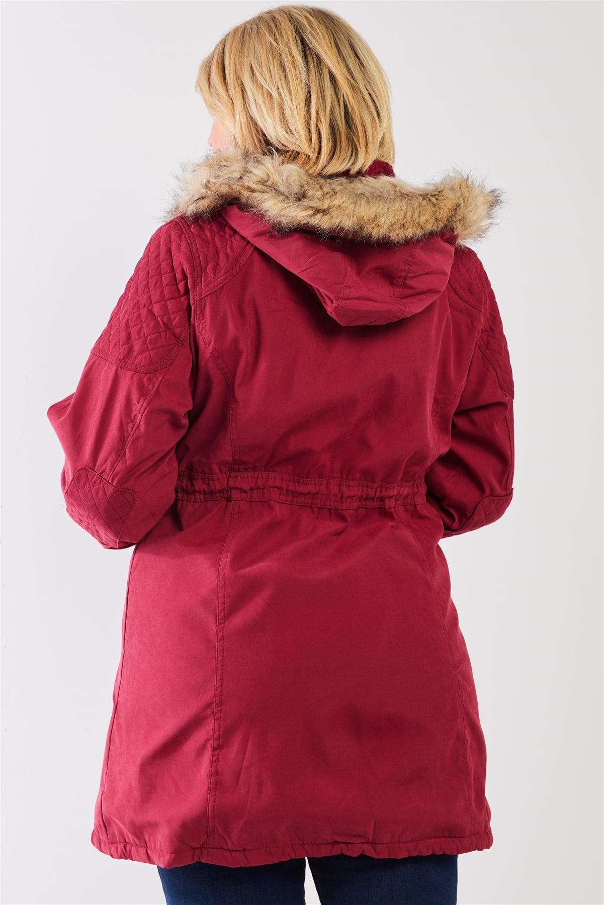Junior Plus Size Wine Fuchsia  Quilted Detail Vegan Fur Cotton Twill Parka Jacket