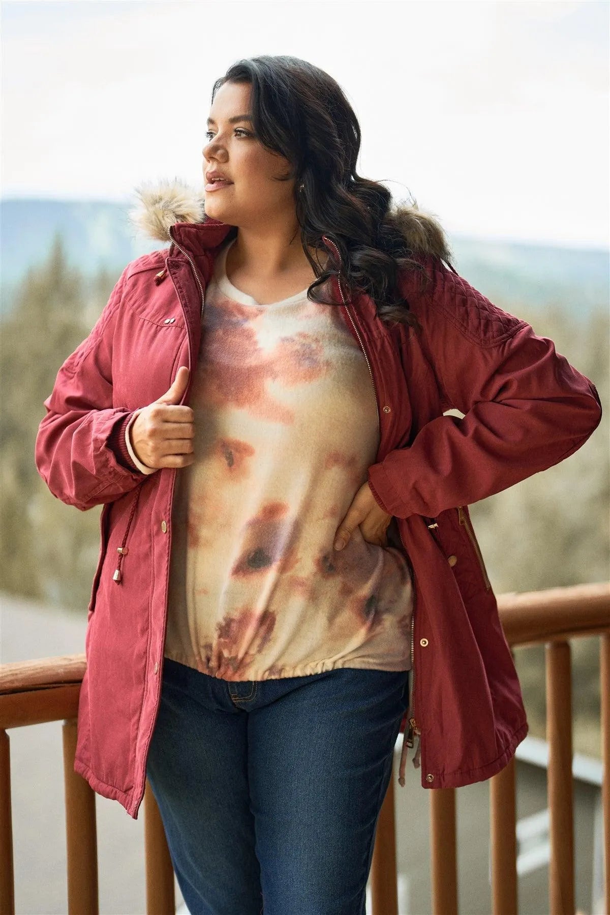 Junior Plus Size Wine Fuchsia Quilted Detail Vegan Fur Cotton Twill Parka Jacket - Tasha Apparel Wholesale