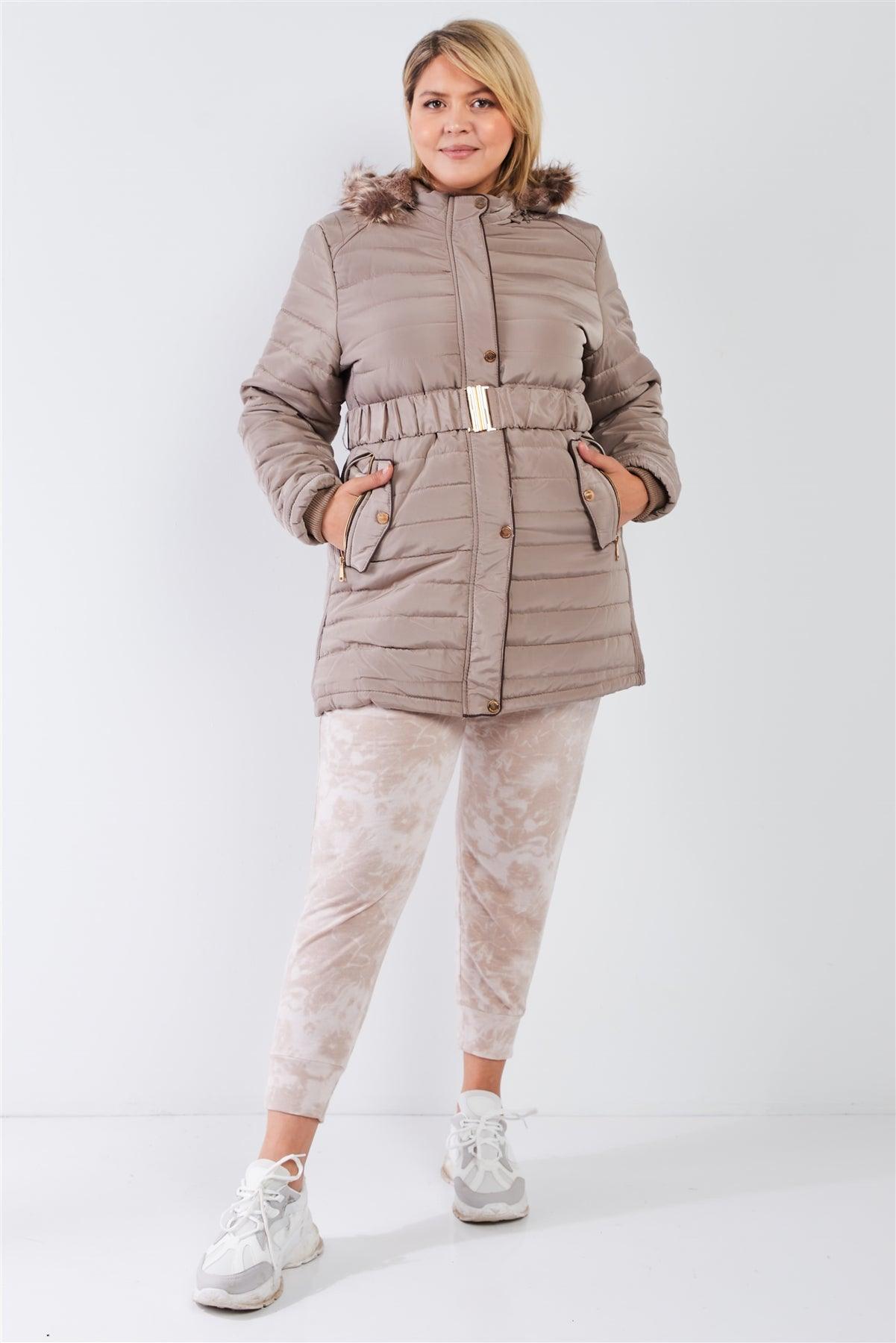 Junior Plus Beige-Grey Parallel Quilt Faux Fur Hood Belted Padded Long Puffer Jacket