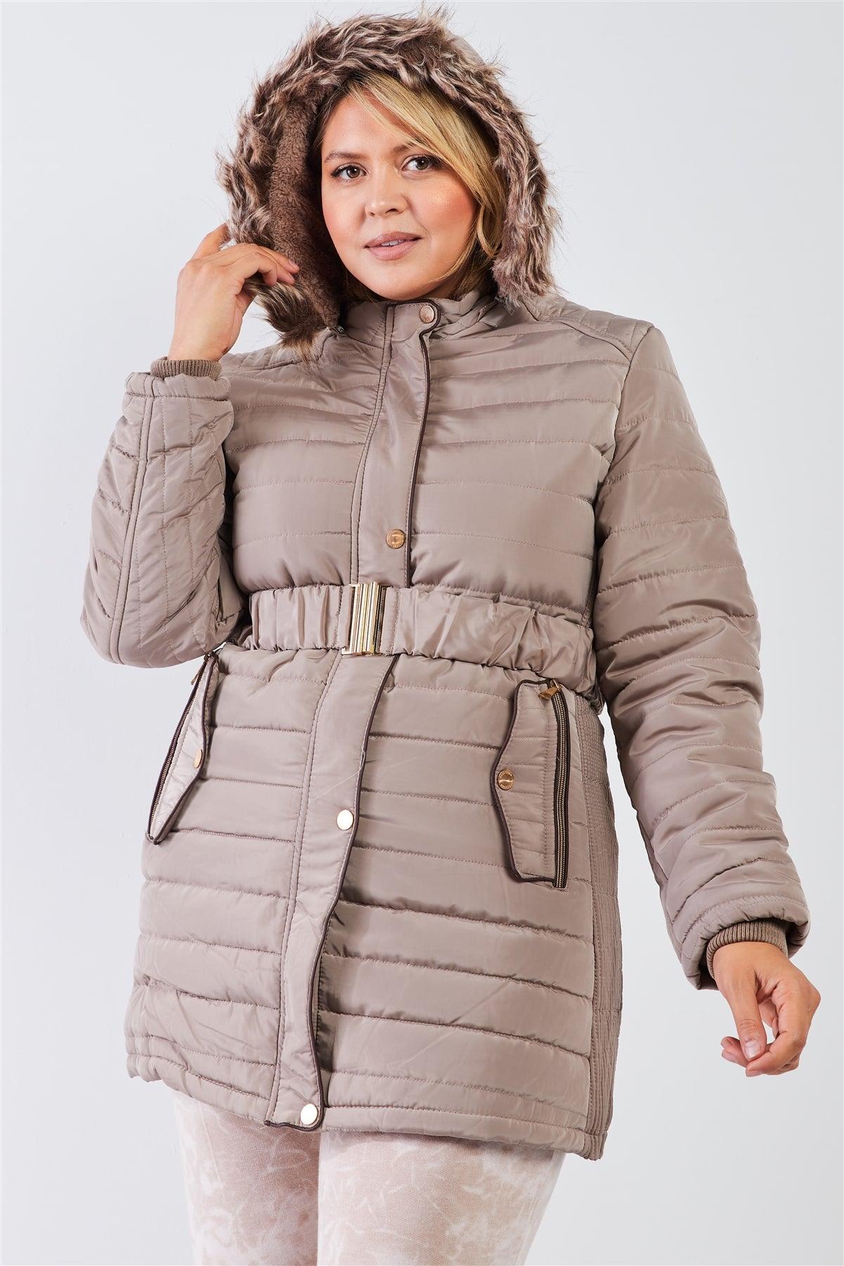 Junior Plus Beige-Grey Parallel Quilt Faux Fur Hood Belted Padded Long Puffer Jacket