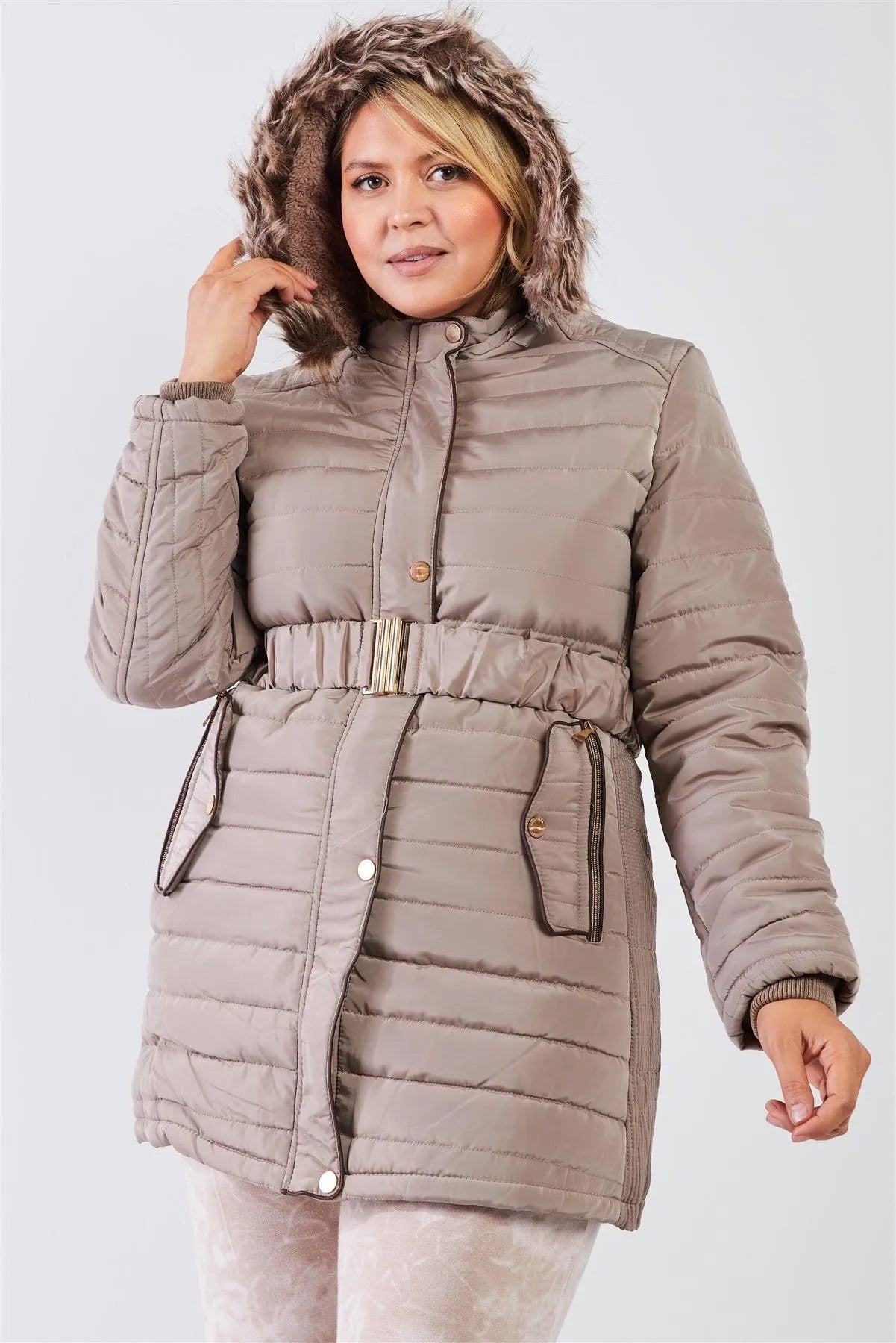 Junior Plus Beige-Grey Parallel Quilt Faux Fur Hood Belted Padded Long Puffer Jacket - Tasha Apparel Wholesale