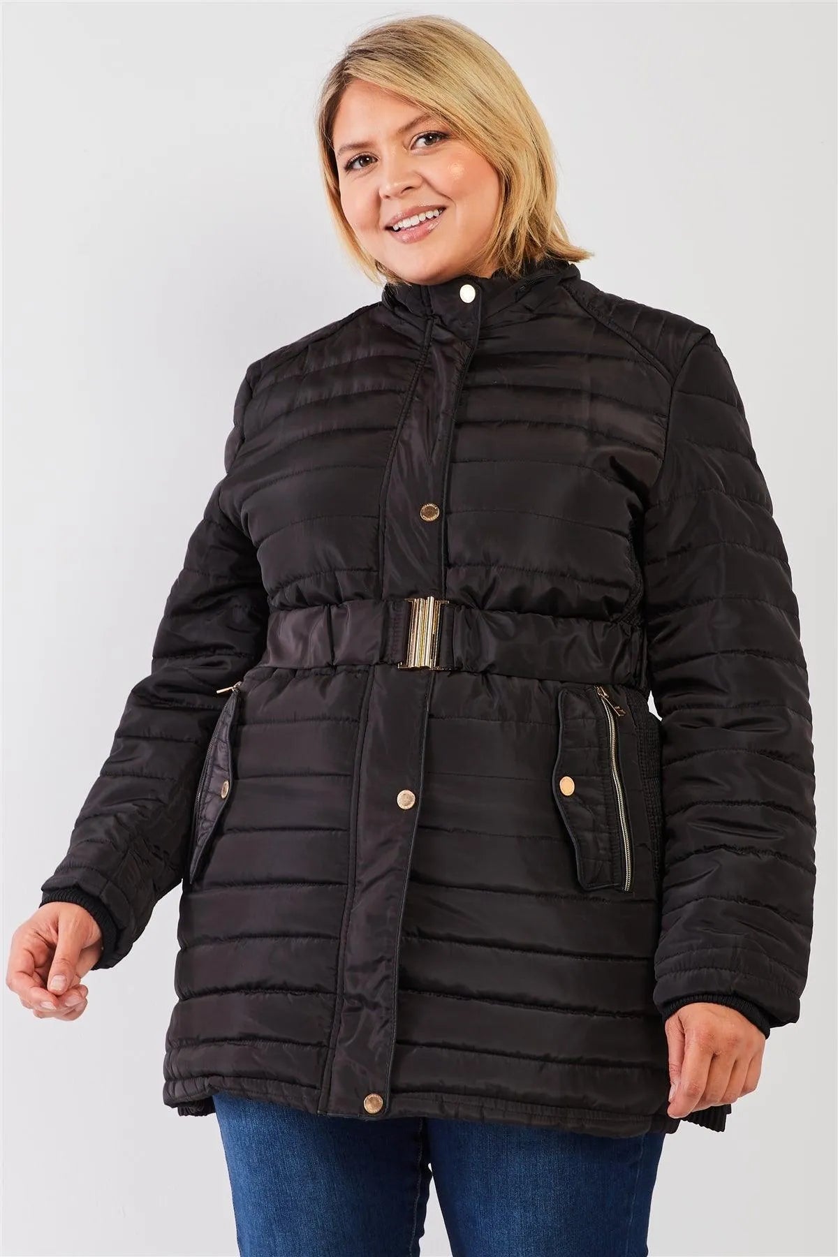 Junior Plus Black Parallel Quilt Faux Fur Hood Belted Padded Long Puffer Jacket - Tasha Apparel Wholesale