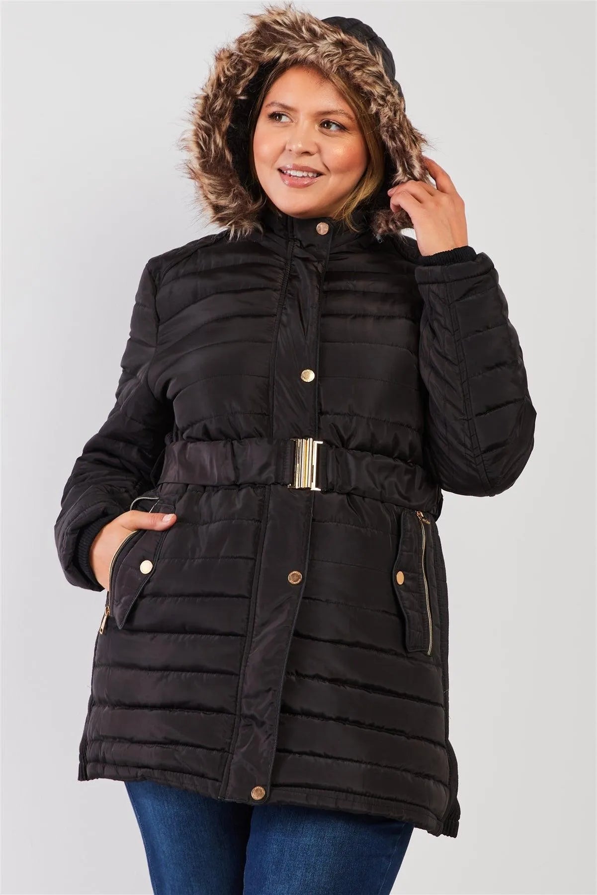 Junior Plus Black Parallel Quilt Faux Fur Hood Belted Padded Long Puffer Jacket /1-3-2 - Tasha Apparel Wholesale