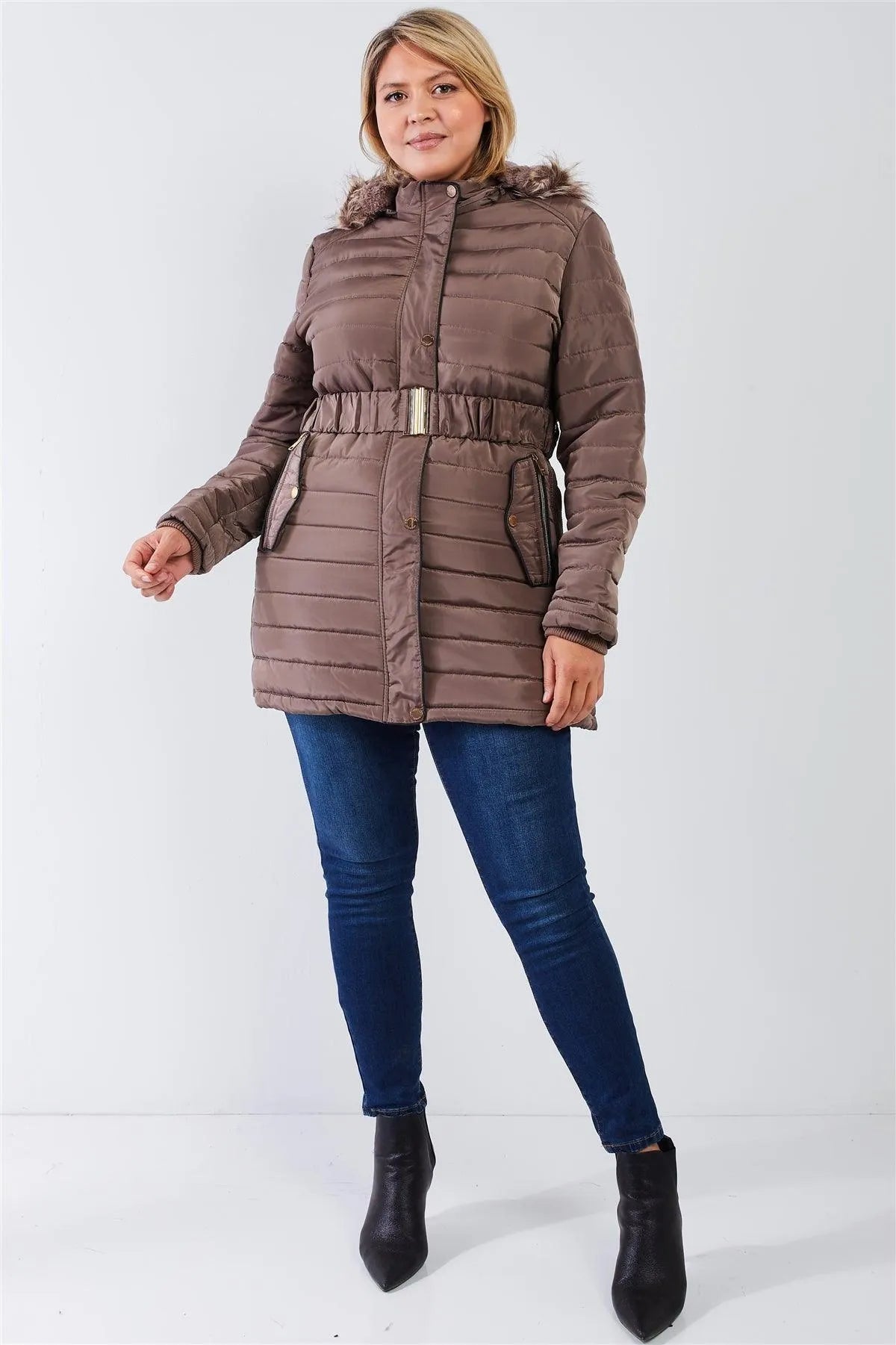Junior Plus Brown Parallel Quilt Faux Fur Hood Belted Padded Long Puffer Jacket /1-1-1-1 - Tasha Apparel Wholesale