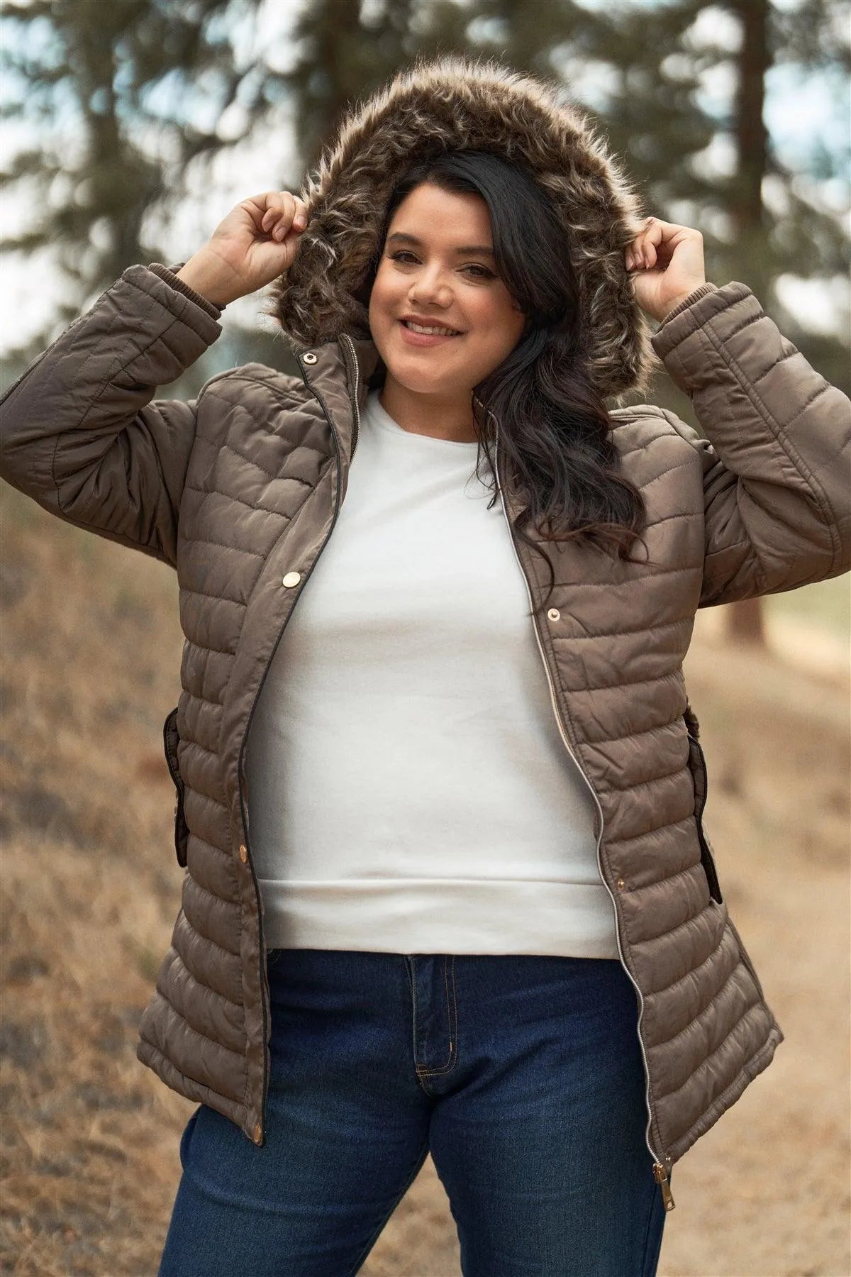 Junior Plus Brown Parallel Quilt Faux Fur Hood Belted Padded Long Puffer Jacket /2-2 - Tasha Apparel Wholesale