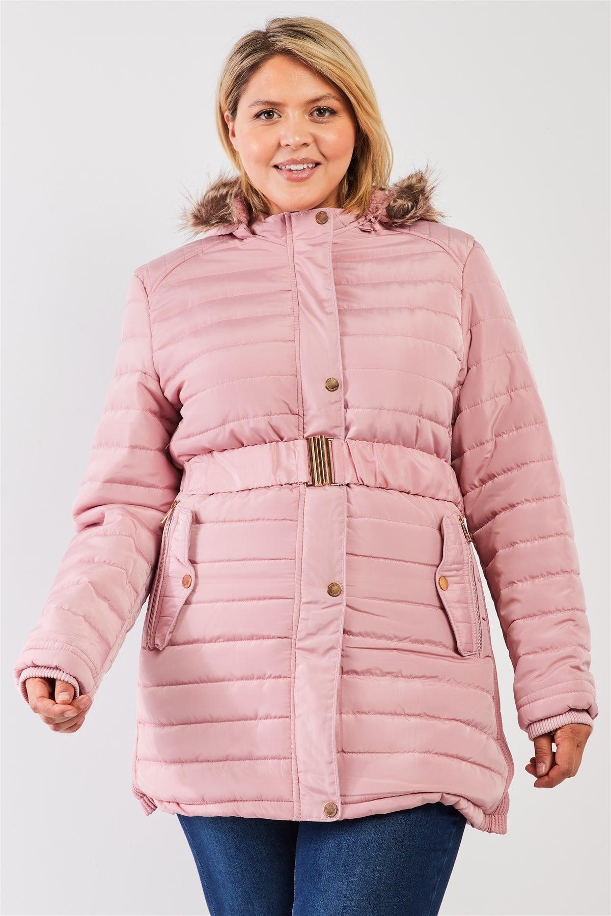 Junior Plus Pink Parallel Quilt Faux Fur Hood Belted Padded Long Puffer Jacket