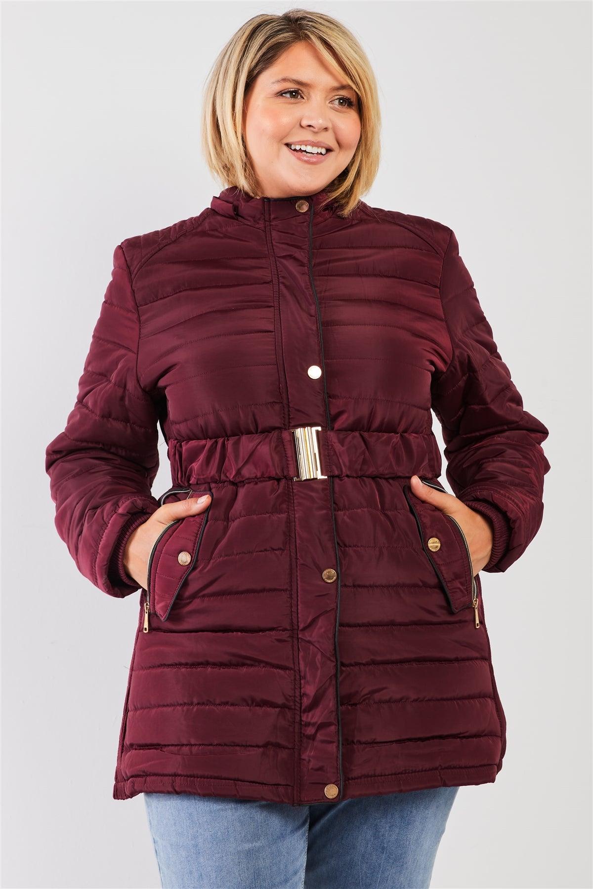 Junior Plus Wine Parallel Quilt Faux Fur Hood Belted Padded Long Puffer Jacket