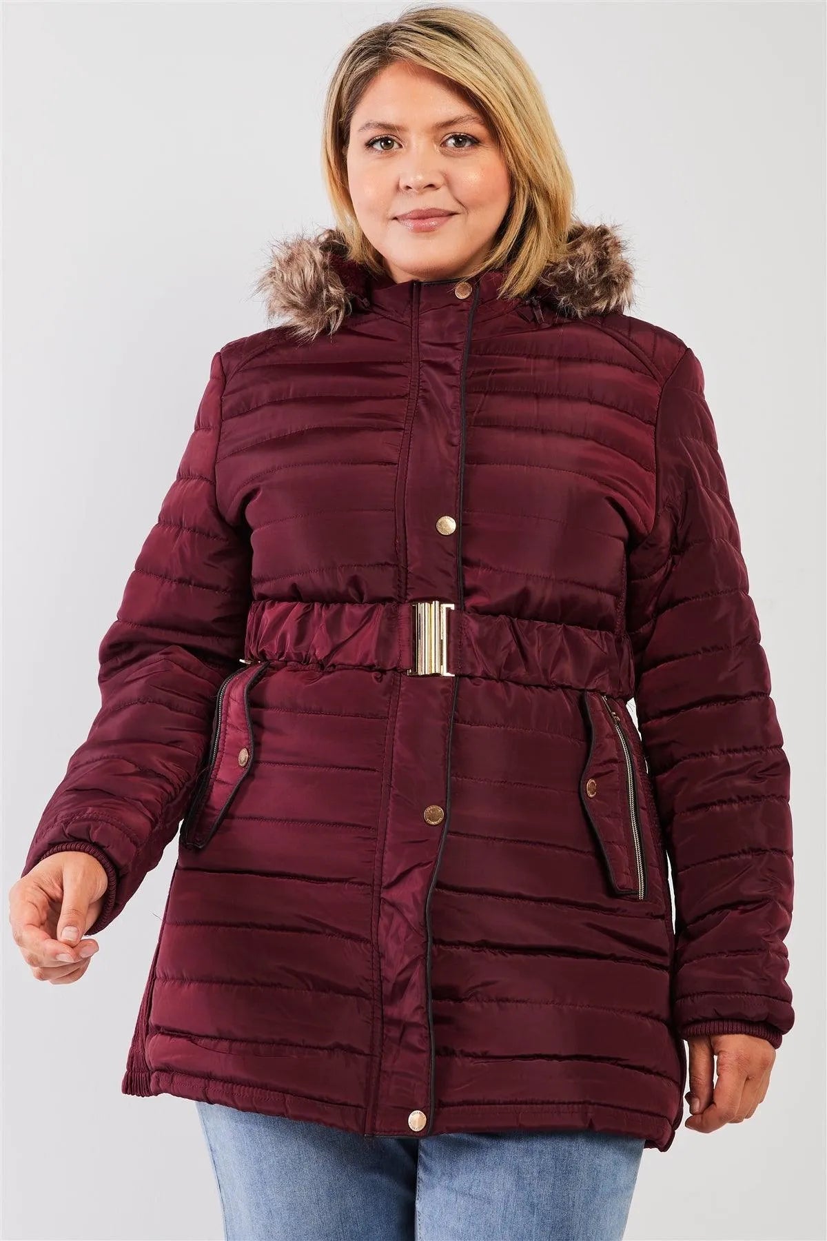 Junior Plus Wine Parallel Quilt Faux Fur Hood Belted Padded Long Puffer Jacket - Tasha Apparel Wholesale