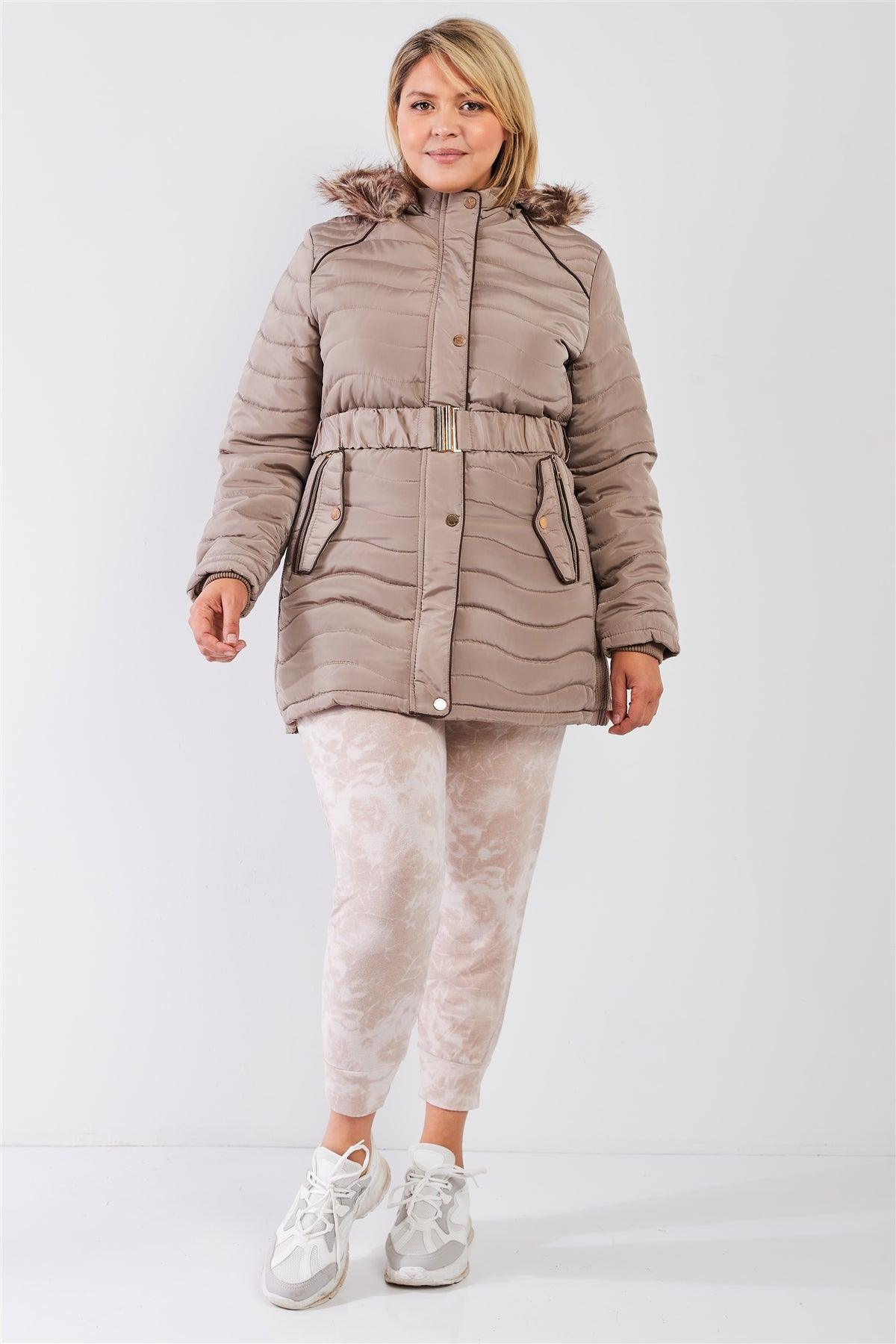 Junior Plus Beige-Tan Wavy Quilt Padded Faux Fur Detachable Hood Belted Long Puffer Jacket