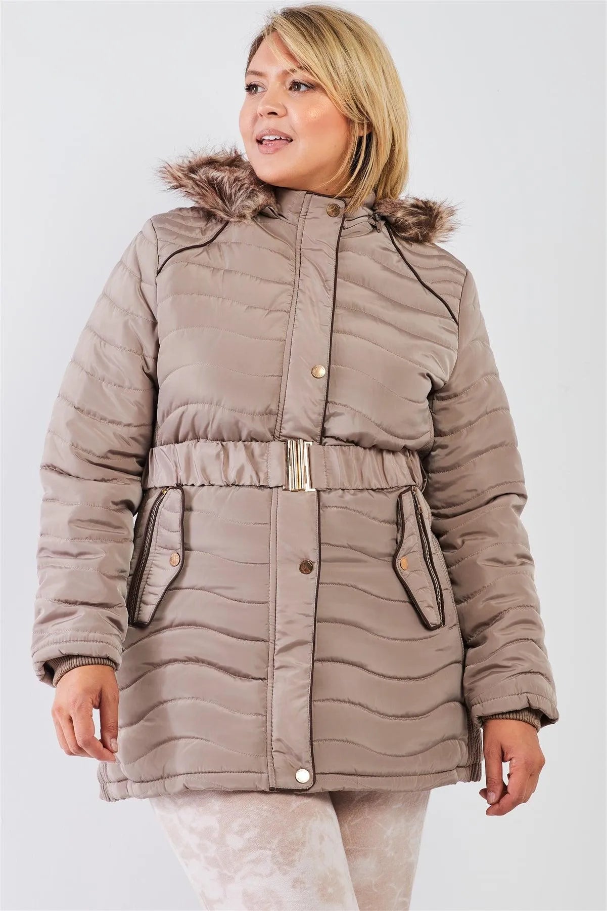 Junior Plus Beige-Tan Wavy Quilt Padded Faux Fur Detachable Hood Belted Long Puffer Jacket - Tasha Apparel Wholesale