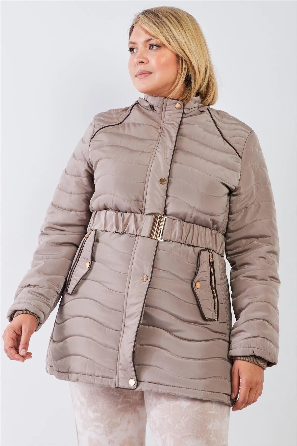 Junior Plus Beige-Tan Wavy Quilt Padded Faux Fur Detachable Hood Belted Long Puffer Jacket /2-1-1 - Tasha Apparel Wholesale