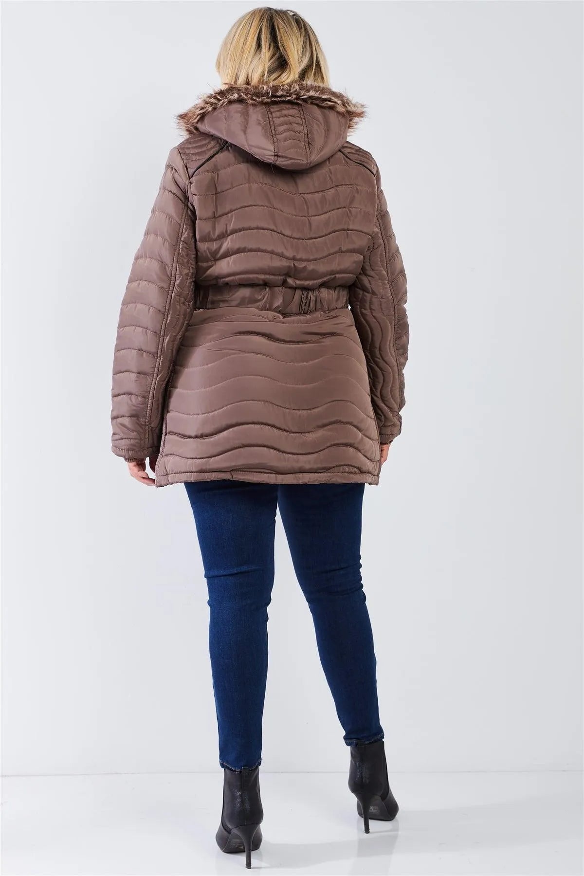 Junior Plus Brown Wavy Quilt Padded Faux Fur Detachable Hood Belted Long Puffer Jacket /2-2-1 - Tasha Apparel Wholesale
