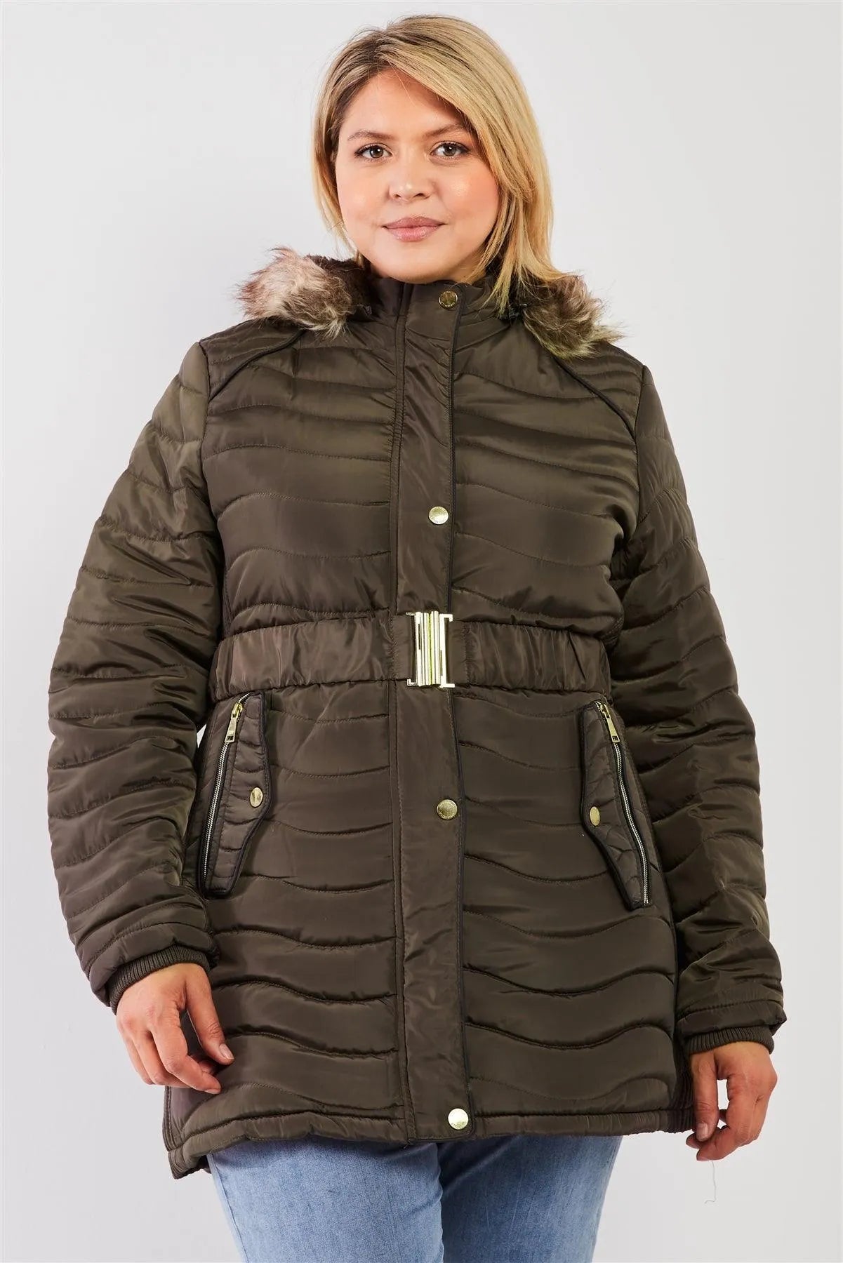 Junior Plus Olive Wavy Quilt Padded Faux Fur Detachable Hood Belted Long Puffer Jacket /1-1-1-2 - Tasha Apparel Wholesale