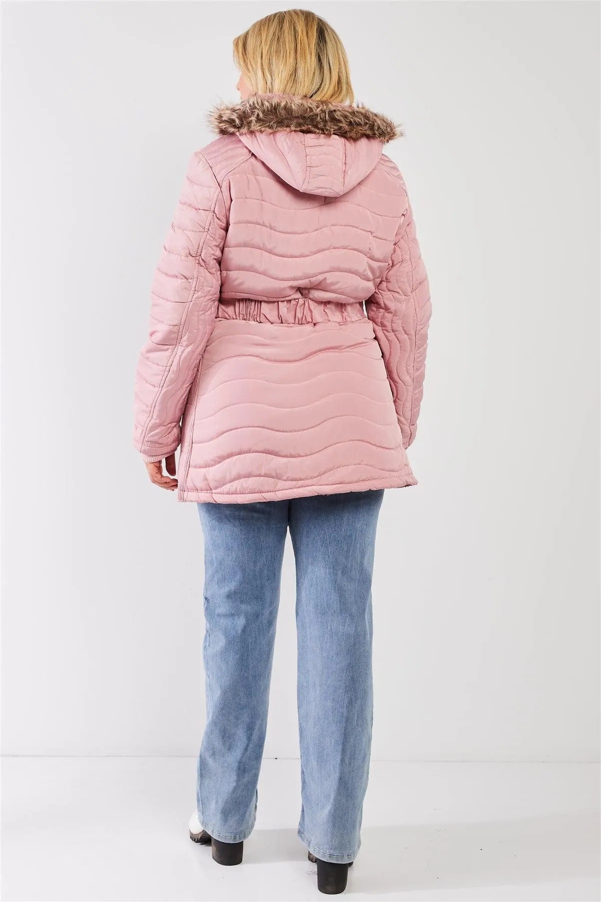 Junior Plus Pink Wavy Quilt Padded Faux Fur Detachable Hood Belted Long Puffer Jacket - Tasha Apparel Wholesale