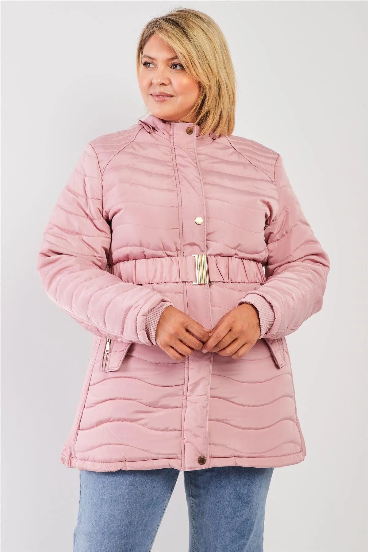 Junior Plus Pink Wavy Quilt Padded Faux Fur Detachable Hood Belted Long Puffer Jacket /2-1-2 - Tasha Apparel Wholesale