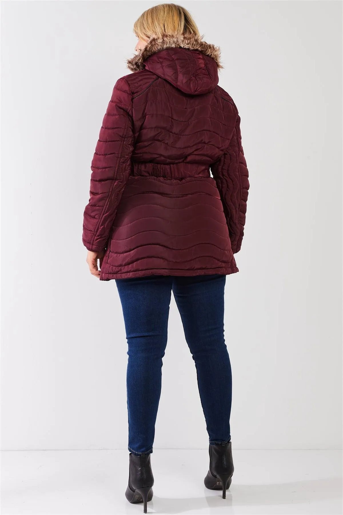 Junior Plus Wine-Burgundy Wavy Quilt Padded Faux Fur Detachable Hood Belted Long Puffer Jacket - Tasha Apparel Wholesale