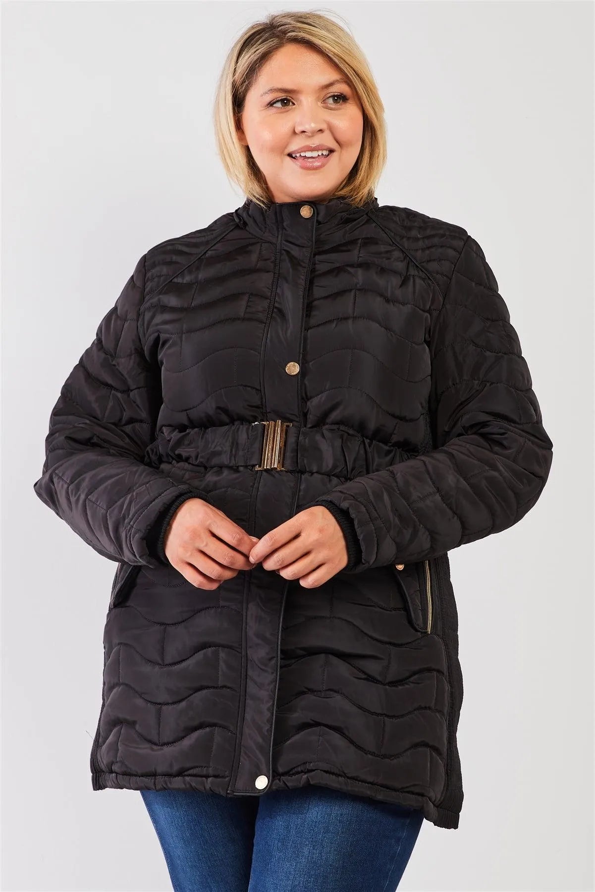 Junior Plus Black Wavy Brick Quilt Faux Fur Hood Belted Padded Long Puffer Jacket /1-1-1-1 - Tasha Apparel Wholesale