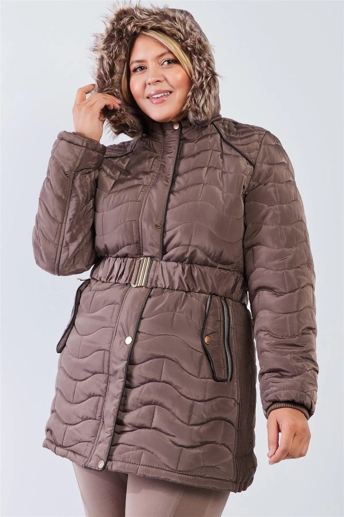 Junior Plus Brown Wavy Brick Quilt Faux Fur Hood Belted Padded Long Puffer Jacket /1-1-1-1 - Tasha Apparel Wholesale