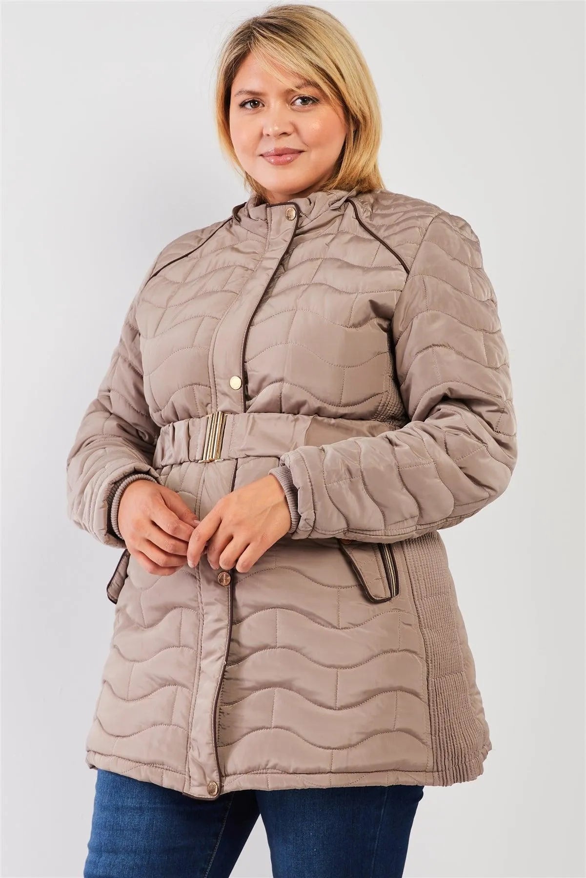 Junior Plus Grey-Beige Wavy Brick Quilt Faux Fur Hood Belted Padded Long Puffer Jacket - Tasha Apparel Wholesale