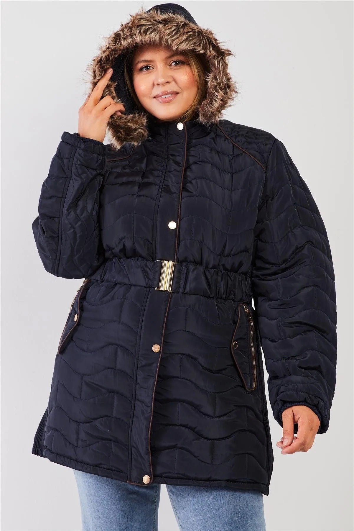 Junior Plus Navy Wavy Brick Quilt Faux Fur Hood Belted Padded Long Puffer Jacket - Tasha Apparel Wholesale