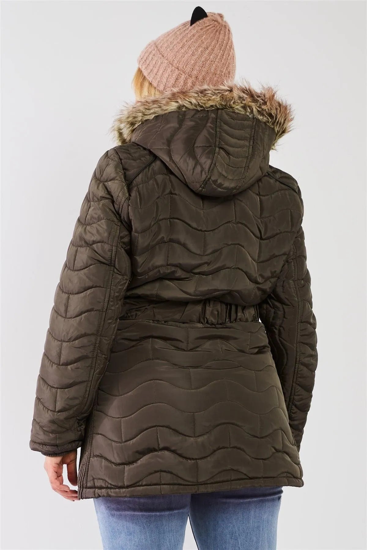 Junior Plus Olive Wavy Brick Quilt Faux Fur Hood Belted Padded Long Puffer Jacket /1-1-1-1 - Tasha Apparel Wholesale
