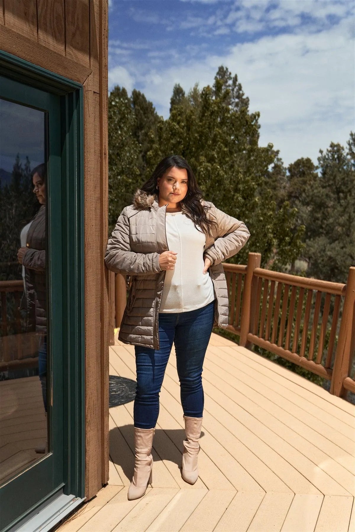 Junior Plus Beige Grey Diamond Back Quilt Straight Brick Quilt Faux Fur Hood Belted Padded Long Puffer Jacket - Tasha Apparel Wholesale